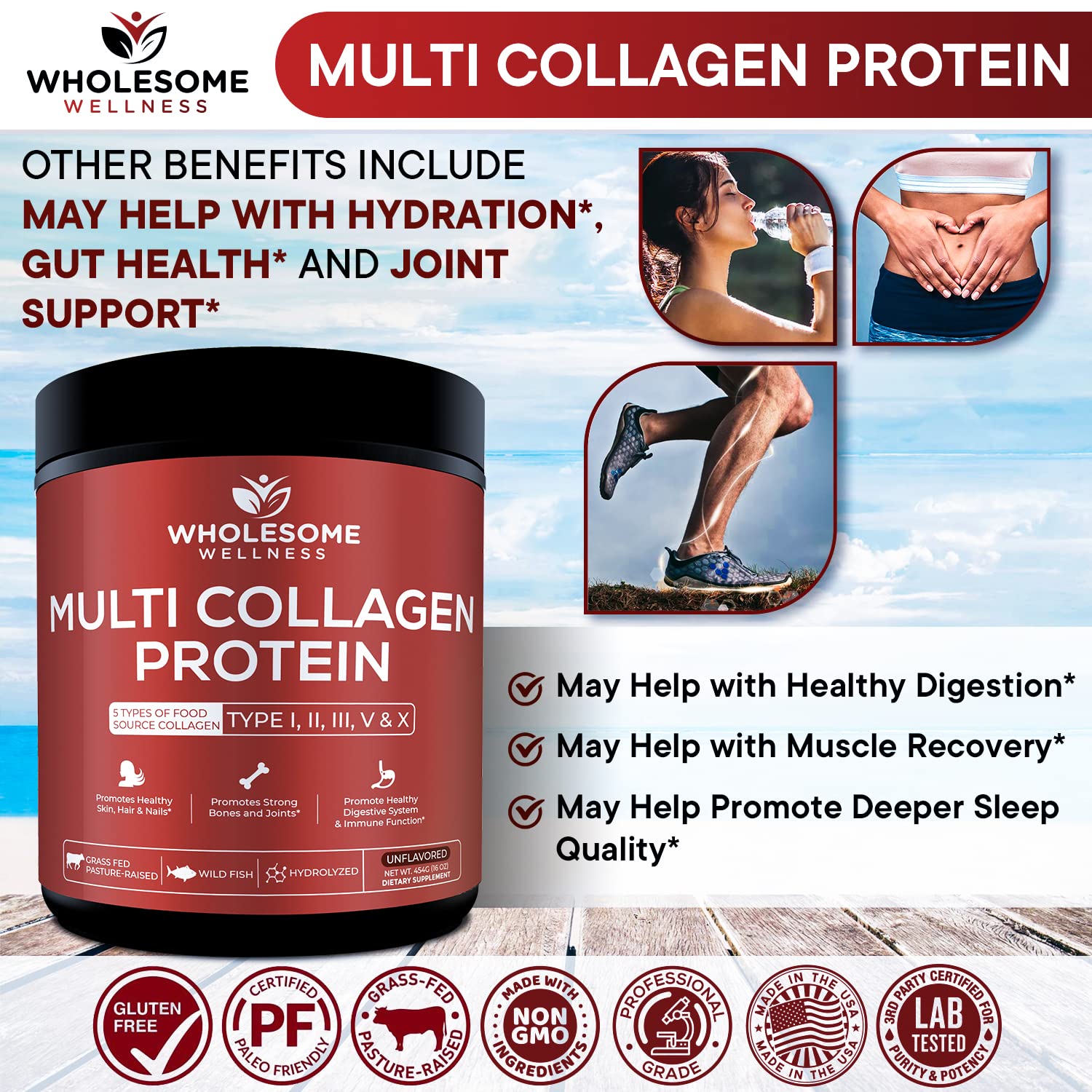 Multi Collagen Protein Powder Hydrolyzed (Type I II III V X) Grass-Fed All-in-One Super Wholesome Wellness