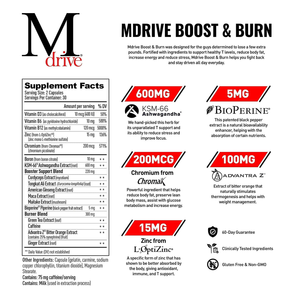 Mdrive Boost & Burn for Men Start Everyday Nutrition & Protein Powder - Natural Energy, Strength, Stress Relief, Lean Muscle, Digestion, Immune Health, Nitric Oxide and Recovery
