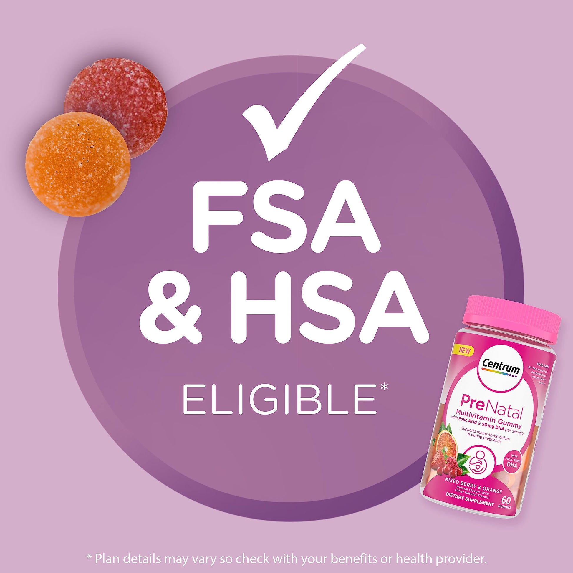 Centrum Prenatal Multivitamin Gummies with DHA and Folic Acid, Mixed Berry and Orange Flavors Centrum