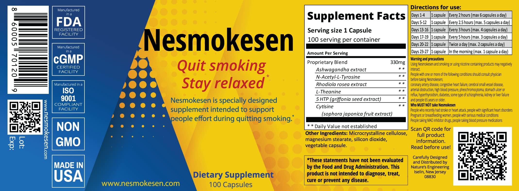 Nesmokesen - Quit Smoking Stay Relaxed, (100 Capsules / 27 Days Supply) Nature's Engineering