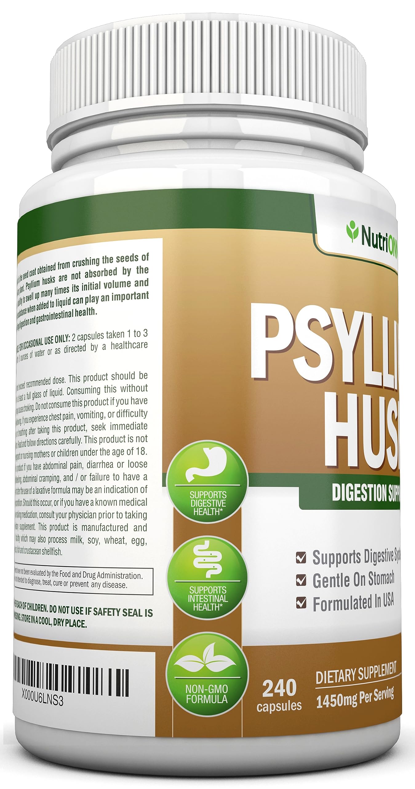 NutriONN PSYLLIUM Husk Capsules - 1450mg Per Serving - 240 Capsules - Double Strength NutriONN