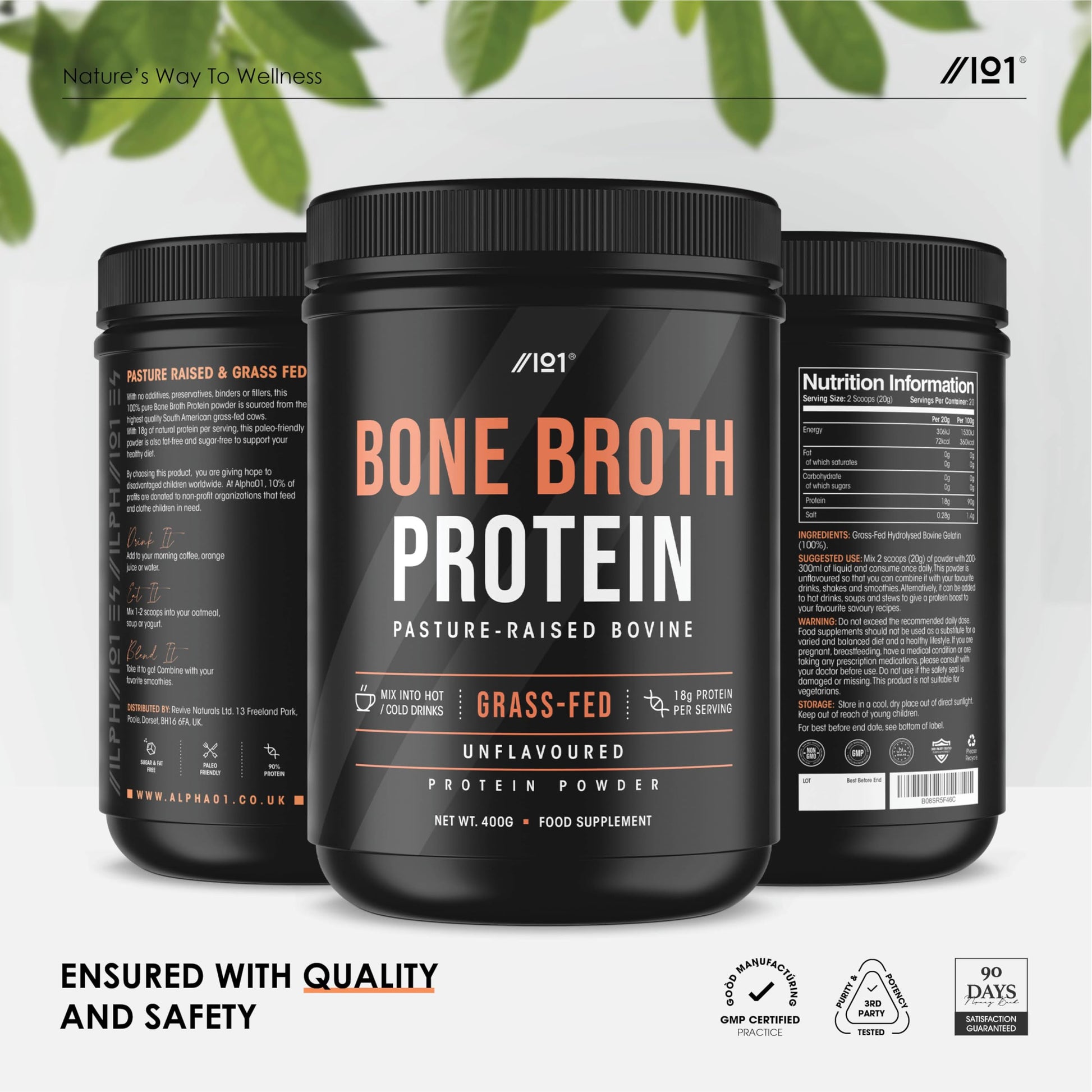 Bone Broth Beef Protein Powder - 400g - Unflavoured - 100% Grass-Fed & Pasture Raised Beef ALPHA01