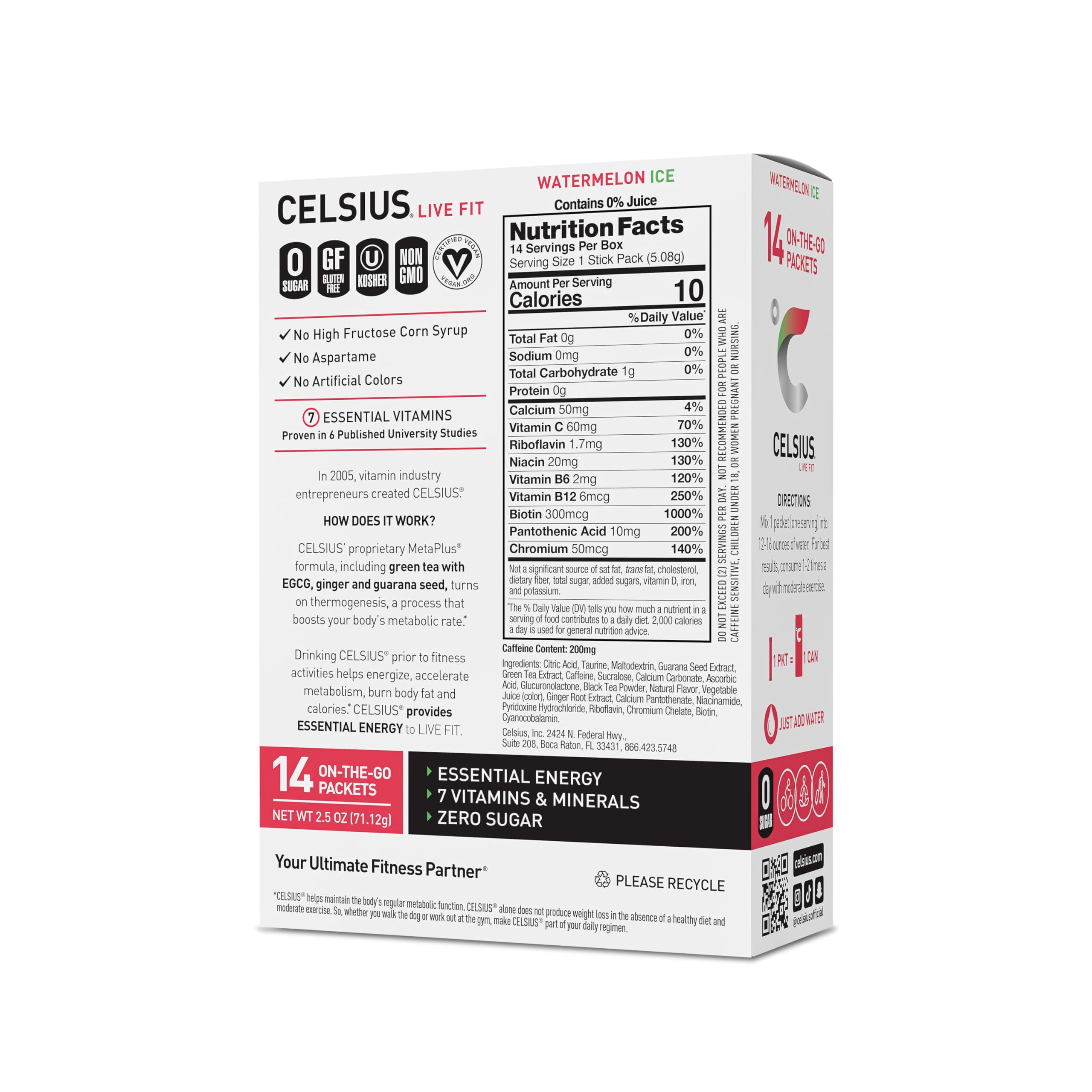 CELSIUS On-the-Go Powder Sticks Watermelon Ice, Essential Energy (14 Sticks per Pack) CELSIUS