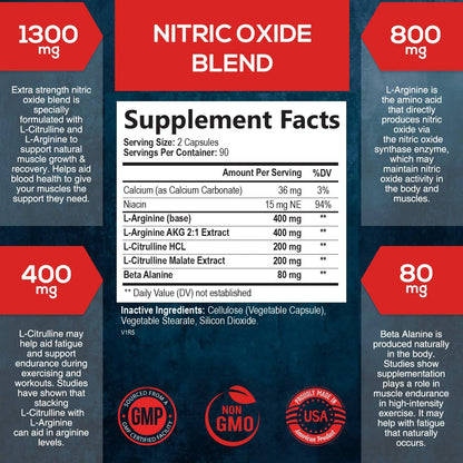 Extra Strength Nitric Oxide Supplement L Arginine 3X Strength - Citrulline Malate, AAKG
