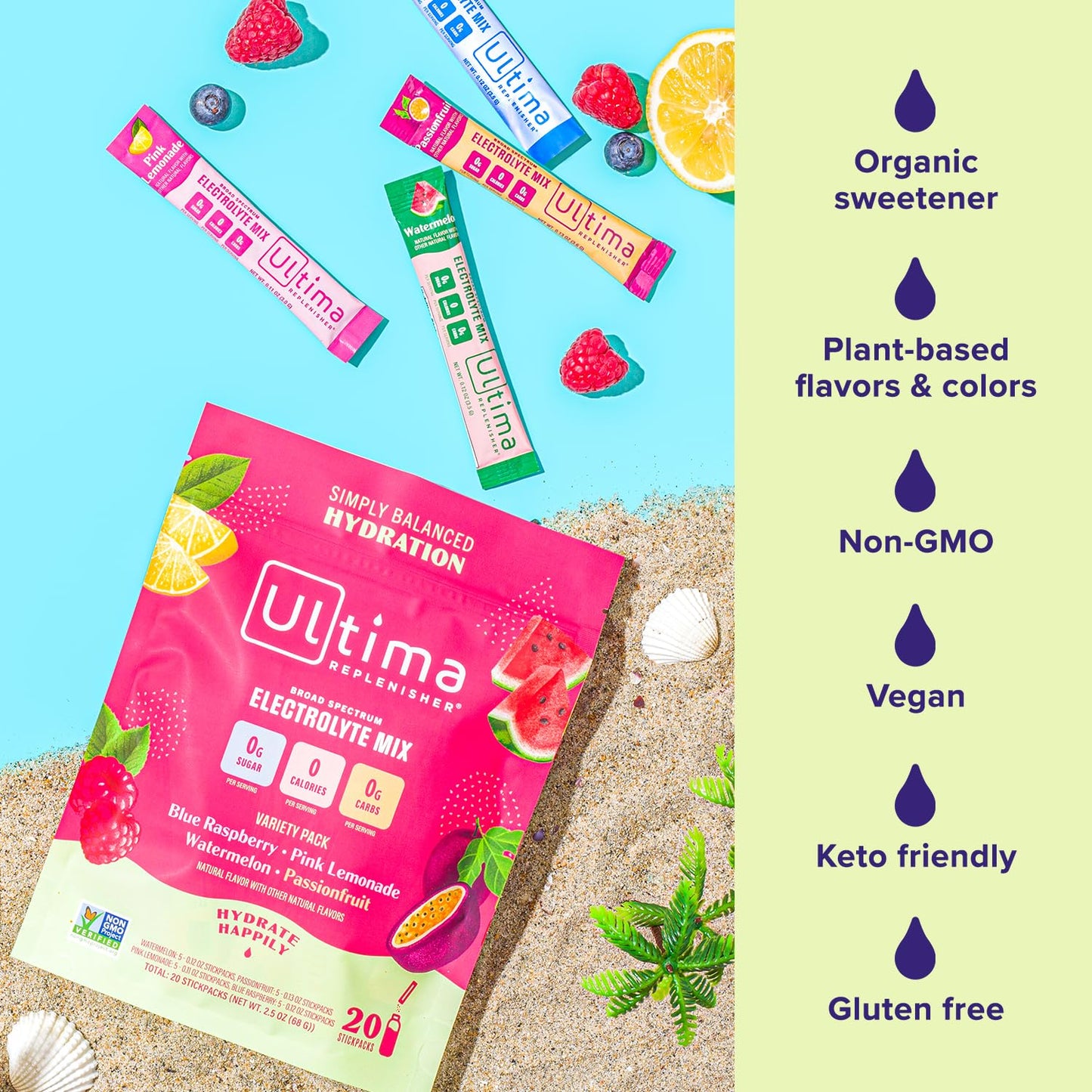 Ultima Replenisher Daily Electrolyte Drink Mix – Tropical Variety, 20 Stickpacks – Hydration