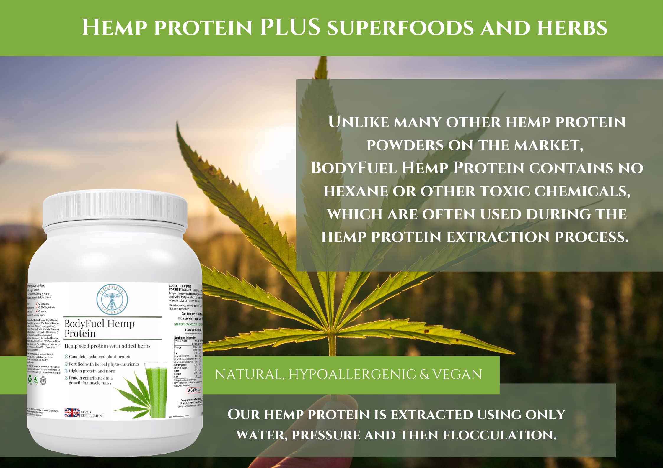 Complementary Supplements - BodyFuel Hemp Protein Powder Plus 14 Superfoods & Phytonutrients Complementary Supplements