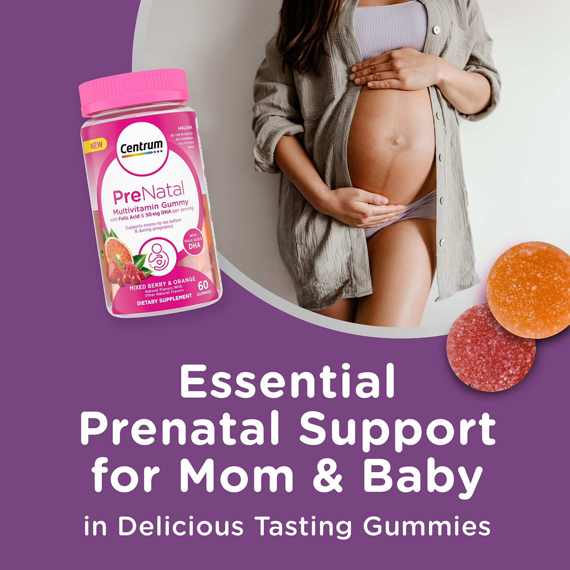 Centrum Prenatal Multivitamin Gummies with DHA and Folic Acid, Mixed Berry and Orange Flavors Centrum