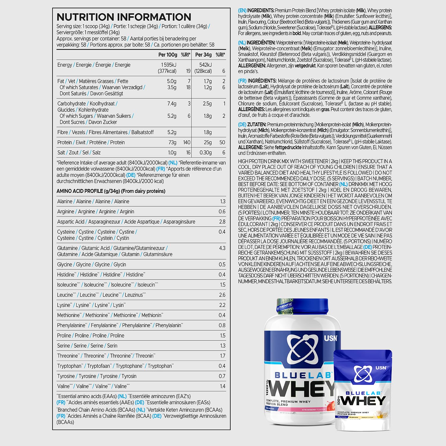 USN Blue Lab Whey Protein Powder: Strawberry - Whey Protein 2kg - Post-Workout - USN