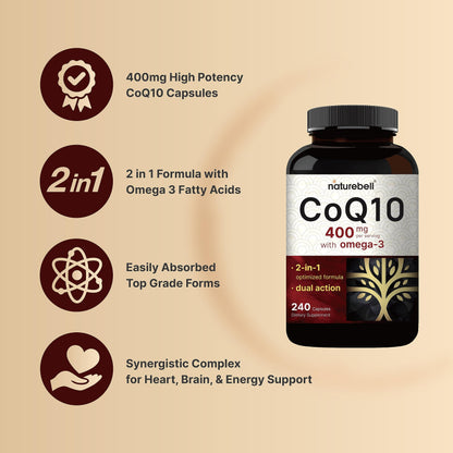 CoQ10 (Ubiquinone) 400mg with Omega 3 Fatty Acids, 240 Capsules | Stable High