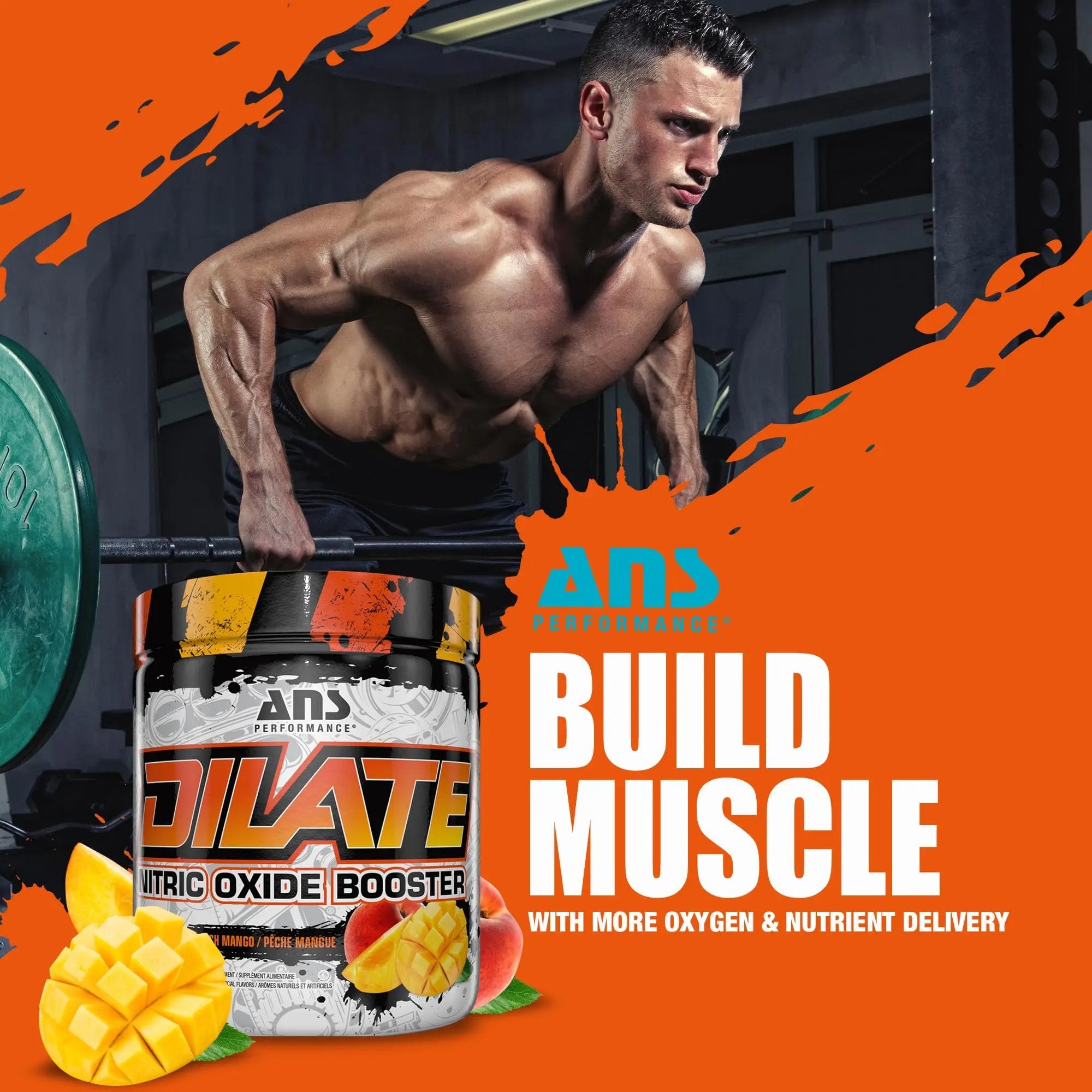 ANS Performance Dilate Pump PreWorkout Powder - Dietary Supplement - Maximizes Muscle Growth, Strength Performance - No Stims, Beta-Alanine, Creatine, Glacier Grape - 30 Servings (Peach Mango)