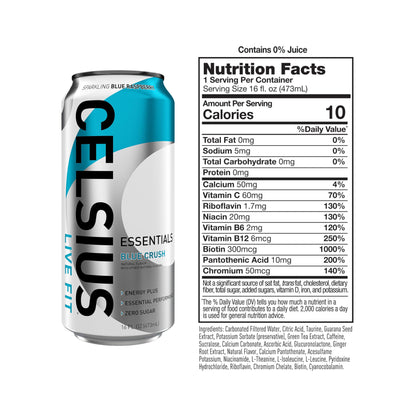 CELSIUS ESSENTIALS, Sparkling Blue Crush, Performance Energy Drink 16 Fl Oz (Pack of 12)
