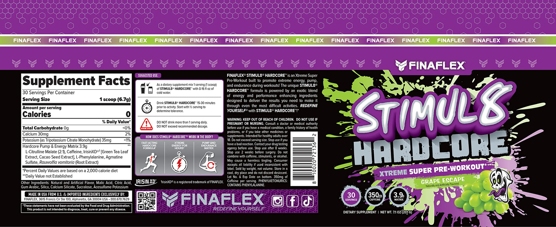 FINAFLEX STIMUL8 Hardcore, Grape Escape - Extreme Energy, Strength & Endurance for Men & Women - with Caffeine & L-Citrulline - 30 Servings