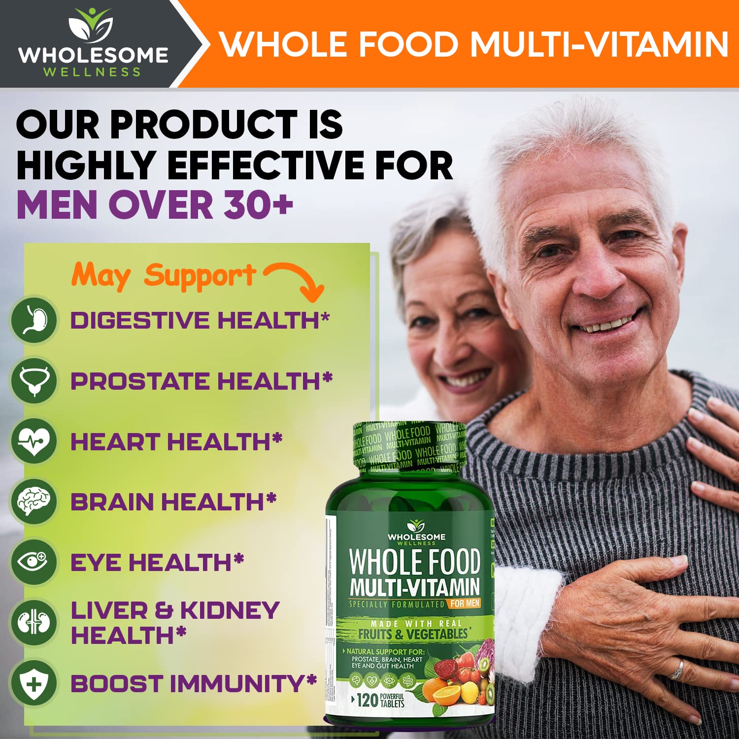 Whole Food Multivitamin for Men - Natural Multi Vitamins, Minerals, Organic Extracts Wholesome Wellness