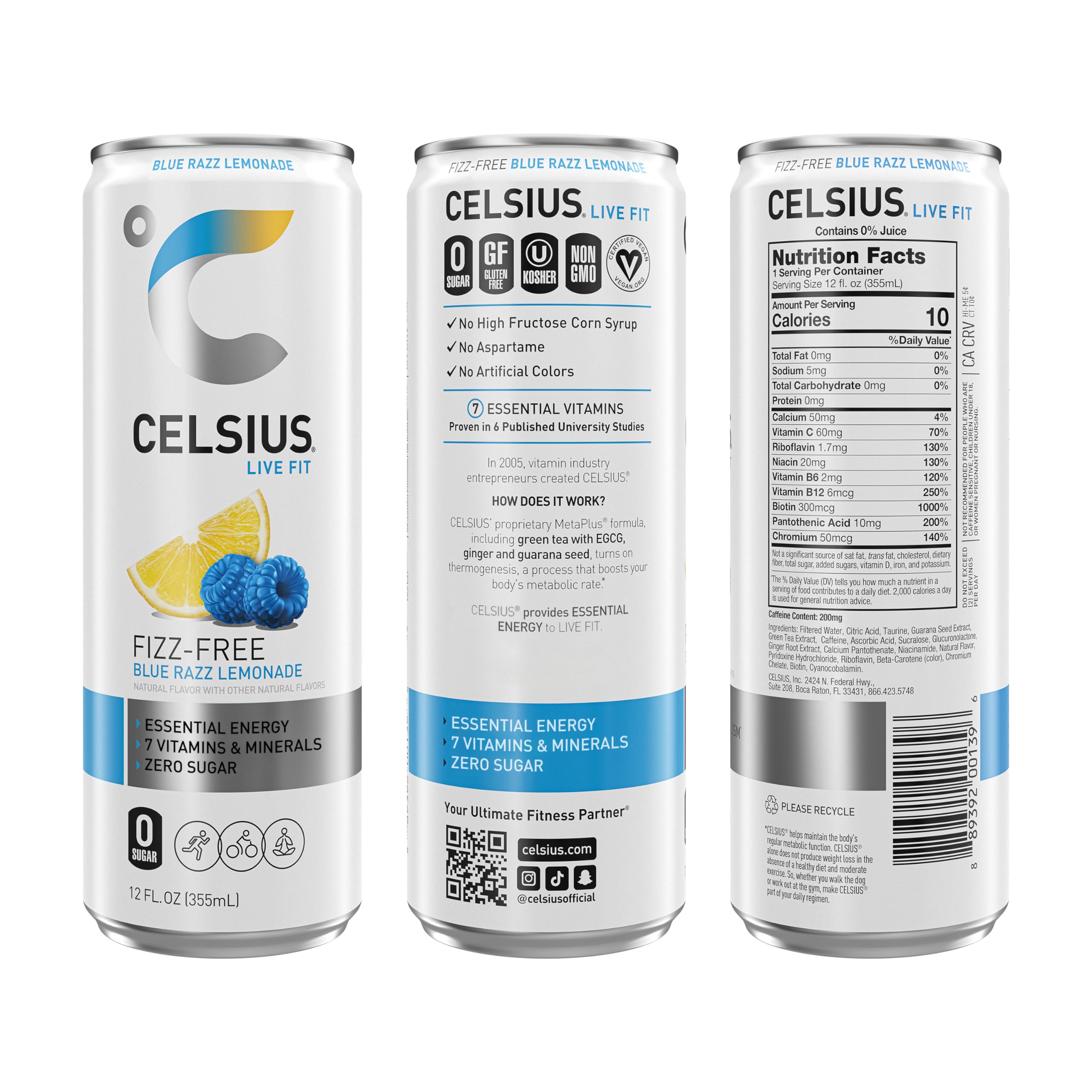 CELSIUS Fizz Free Blue Razz Lemonade, Functional Essential Energy Drink 12 Fl Oz CELSIUS