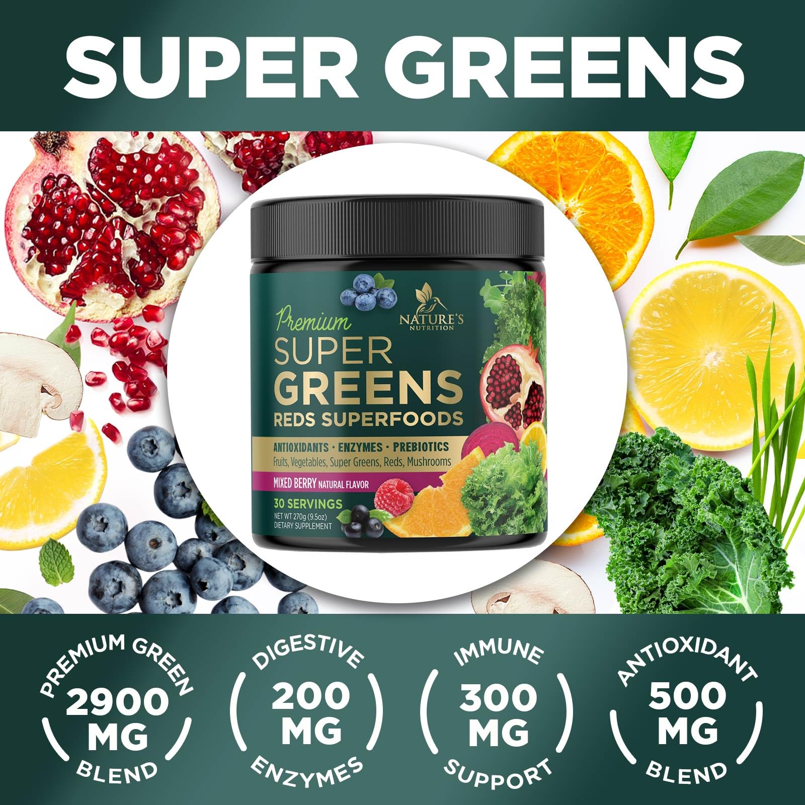 Greens Superfood Powder Supplement - Super Green Smoothie Mix Blend with Spirulina Nature's Nutrition