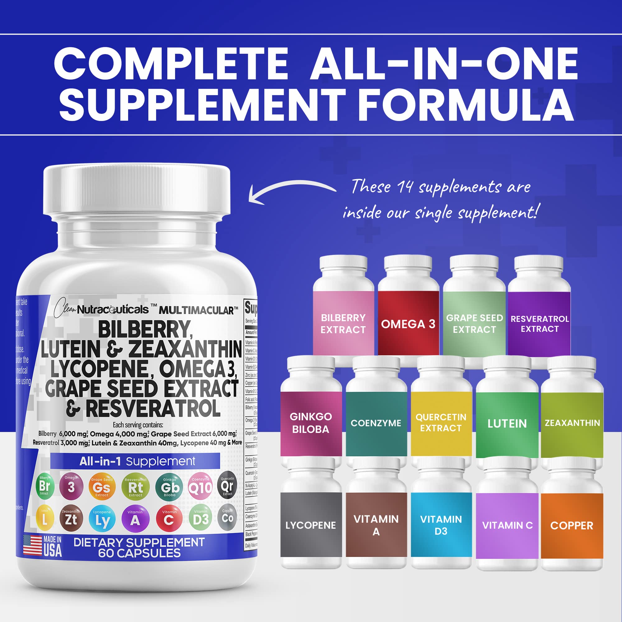 Eye Health Vitamins with Bilberry 6000mg Lutein & Zeaxanthin 40mg Lyco