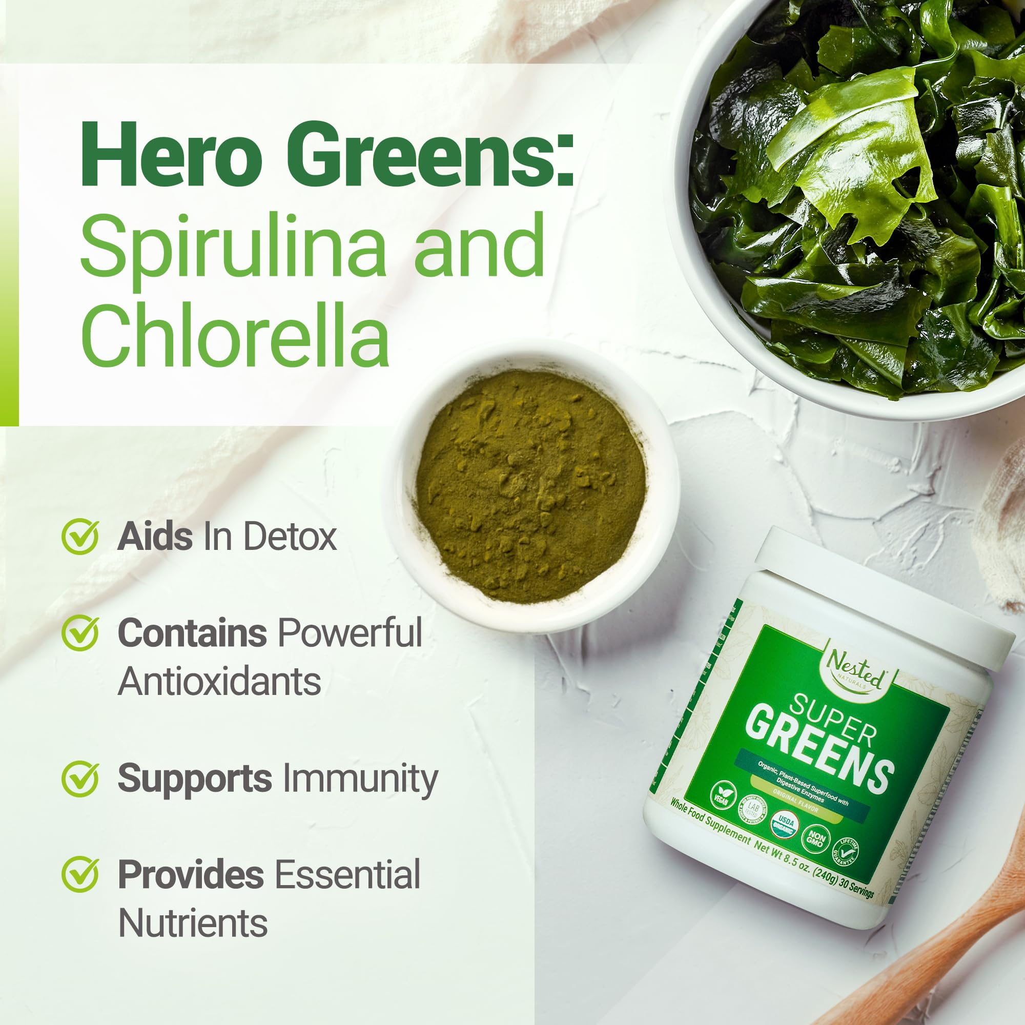 Super Greens Daily Greens Superfood Powder - Certified USDA Organic Green Powder Nested Naturals