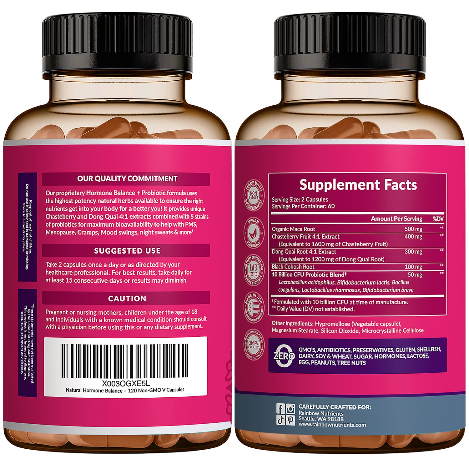 Hormone Balance + Probiotics for Women (3450mg) Natural Relief for Menopause Rainbow Nutrients, LLC