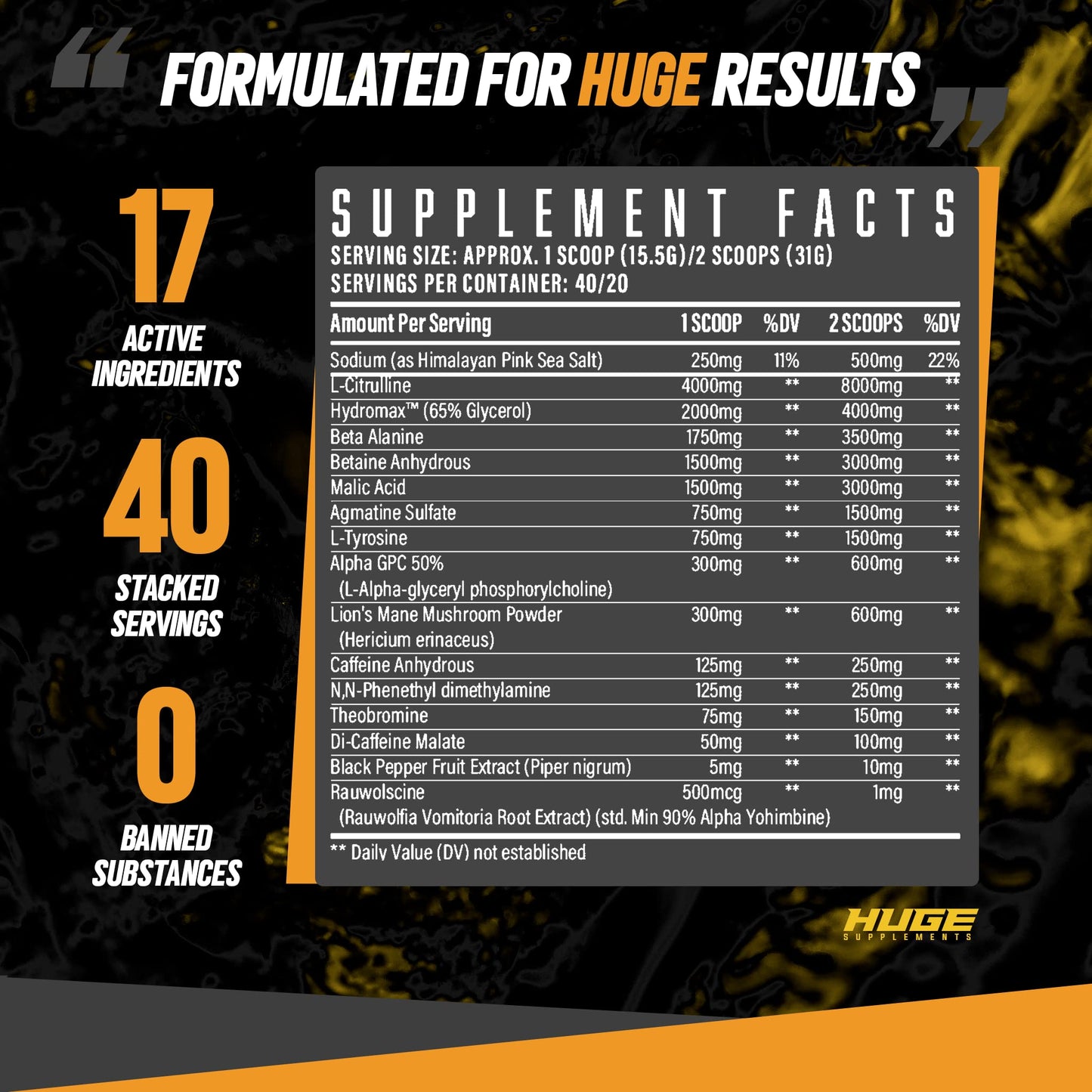 Huge Supplements Wrecked Pre-Workout Powder, 30G+ Ingredients Per Serving to Boost