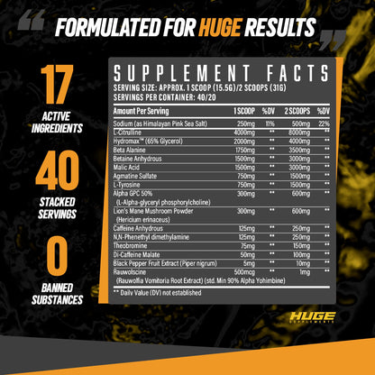 Huge Supplements Wrecked Pre-Workout Powder, 30G+ Ingredients Per Serving to Boost