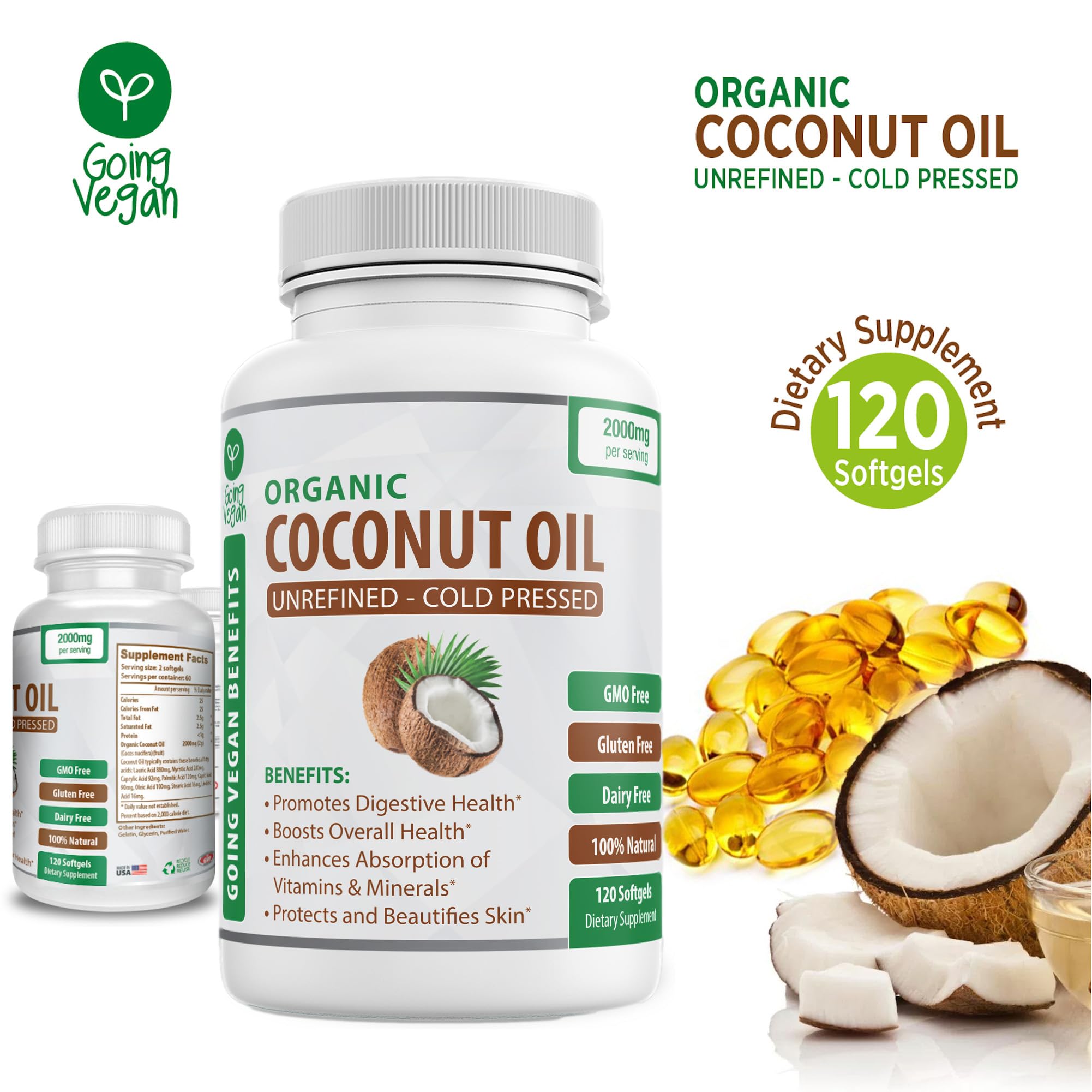 Organic Coconut Oil Capsules 2000mg - 100% Extra Virgin, Cold Pressed for Healthy Skin Going Vegan