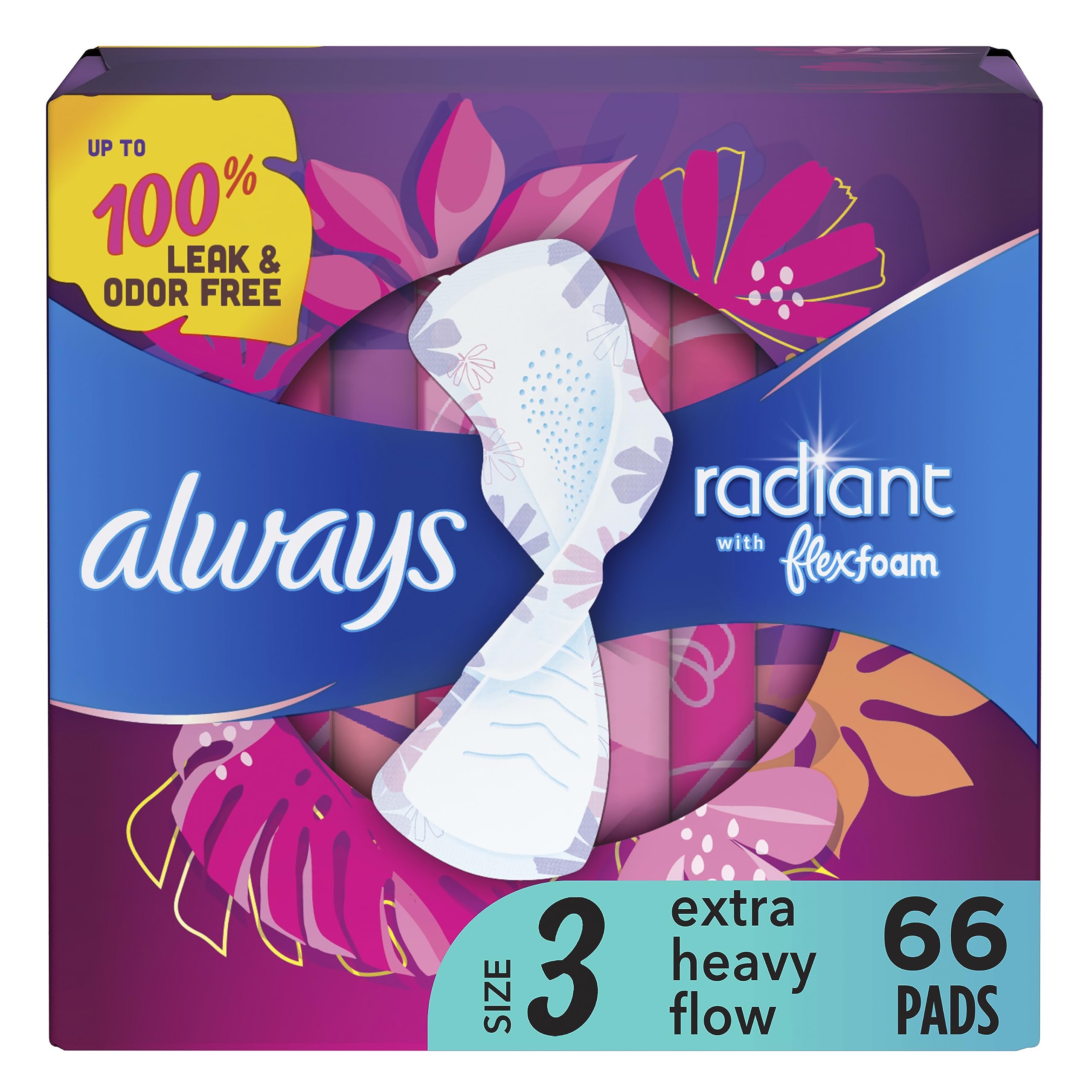 Always Radiant Feminine Pads For Women, Size 3 Extra Heavy Absorbency, With Flexfoam