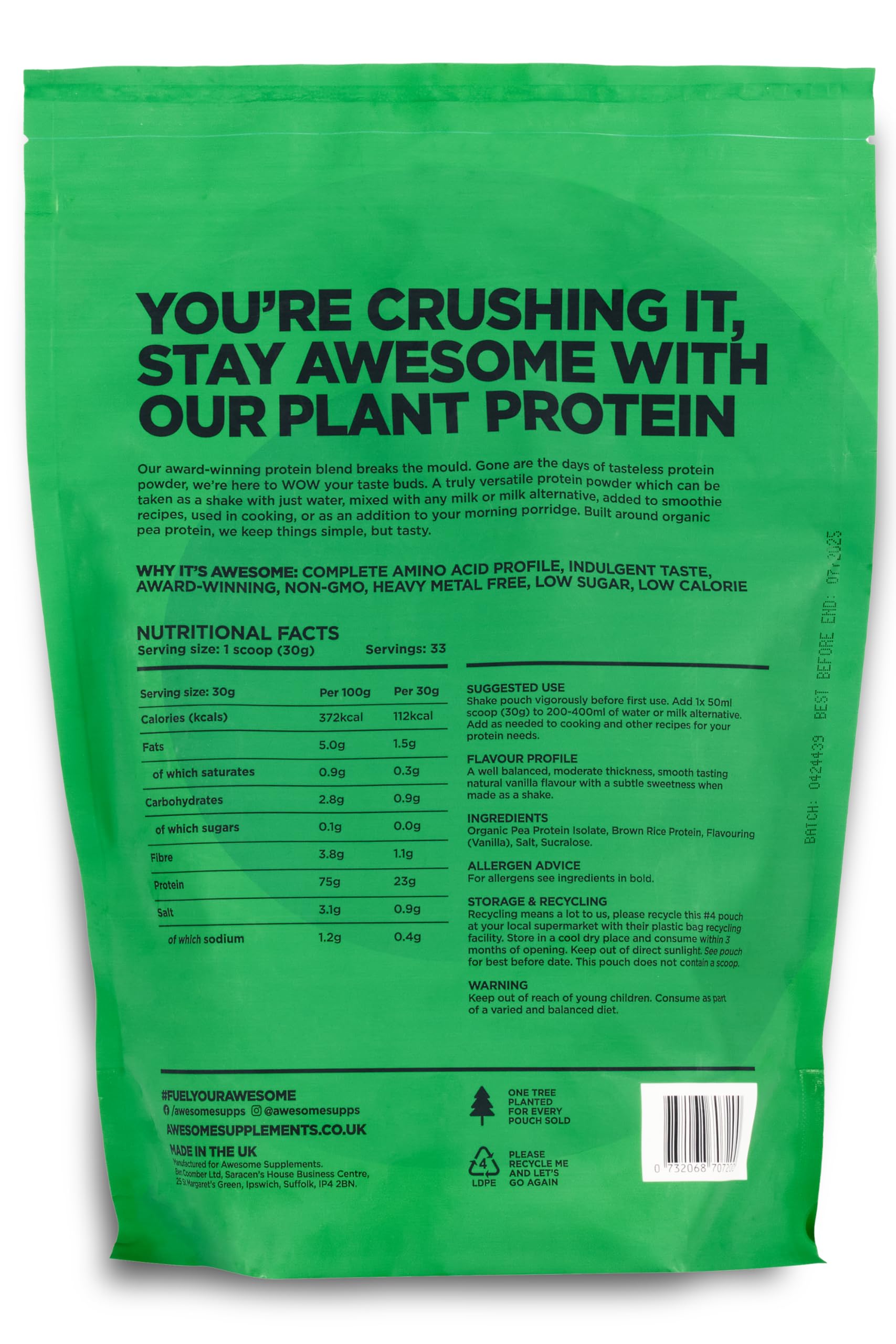 Vanilla Awesome Protein Powder by Ben Coomber | 1kg Vegan Organic Flavoured Protein Ben Coomber