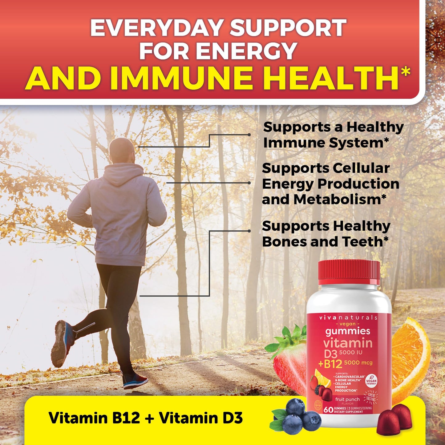 Viva Naturals Plant-Based B12 Gummies with Vitamin D3 - Chewable 5000mcg B12