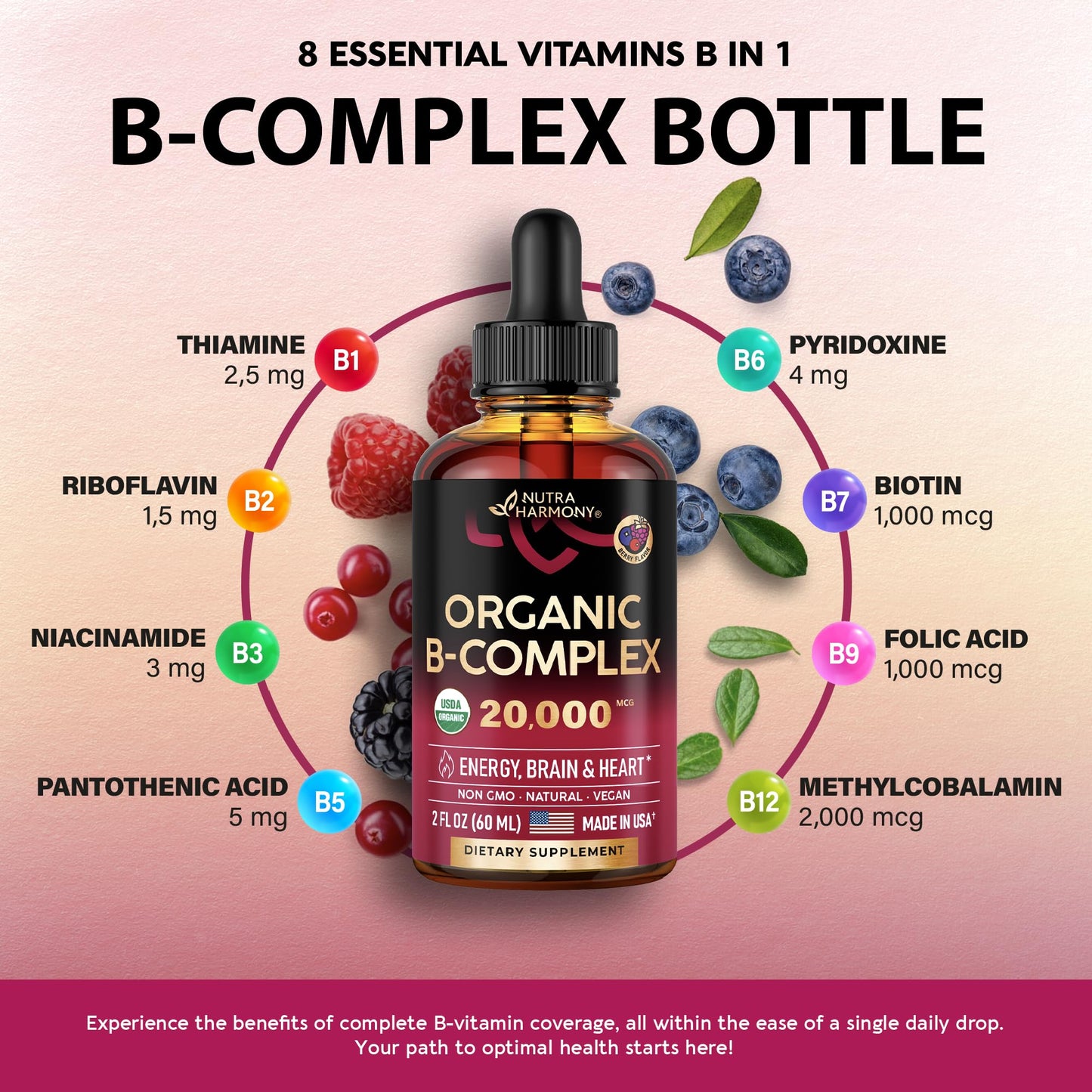 USDA Organic Vitamin B Complex Liquid Drops - 8-in-1 B Complex Vitamins: B1, B2, B3, B5
