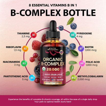 USDA Organic Vitamin B Complex Liquid Drops - 8-in-1 B Complex Vitamins: B1, B2, B3, B5