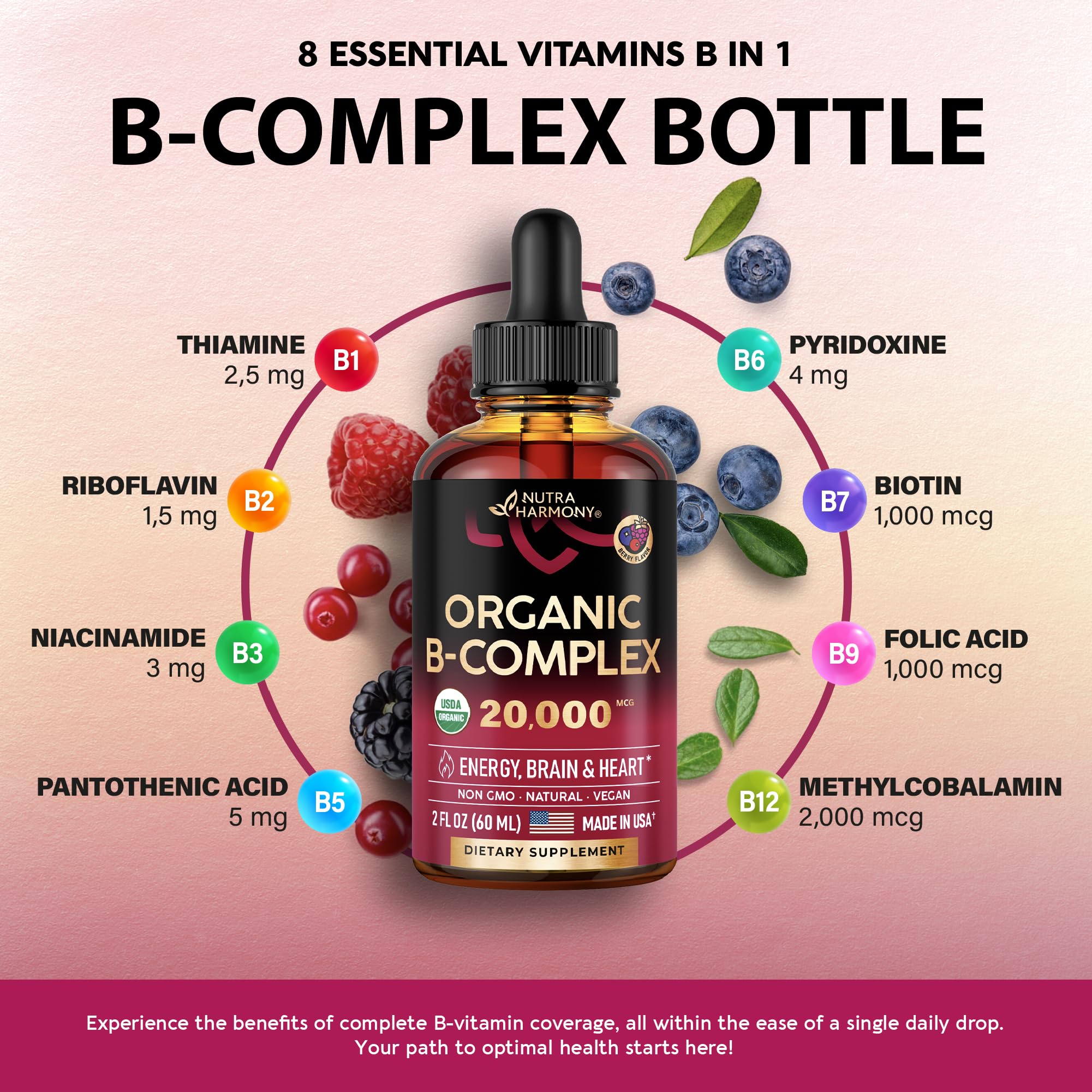 USDA Organic Vitamin B Complex Liquid Drops - 8-in-1 B Complex Vitamins: B1, B2, B3, B5 NUTRAHARMONY