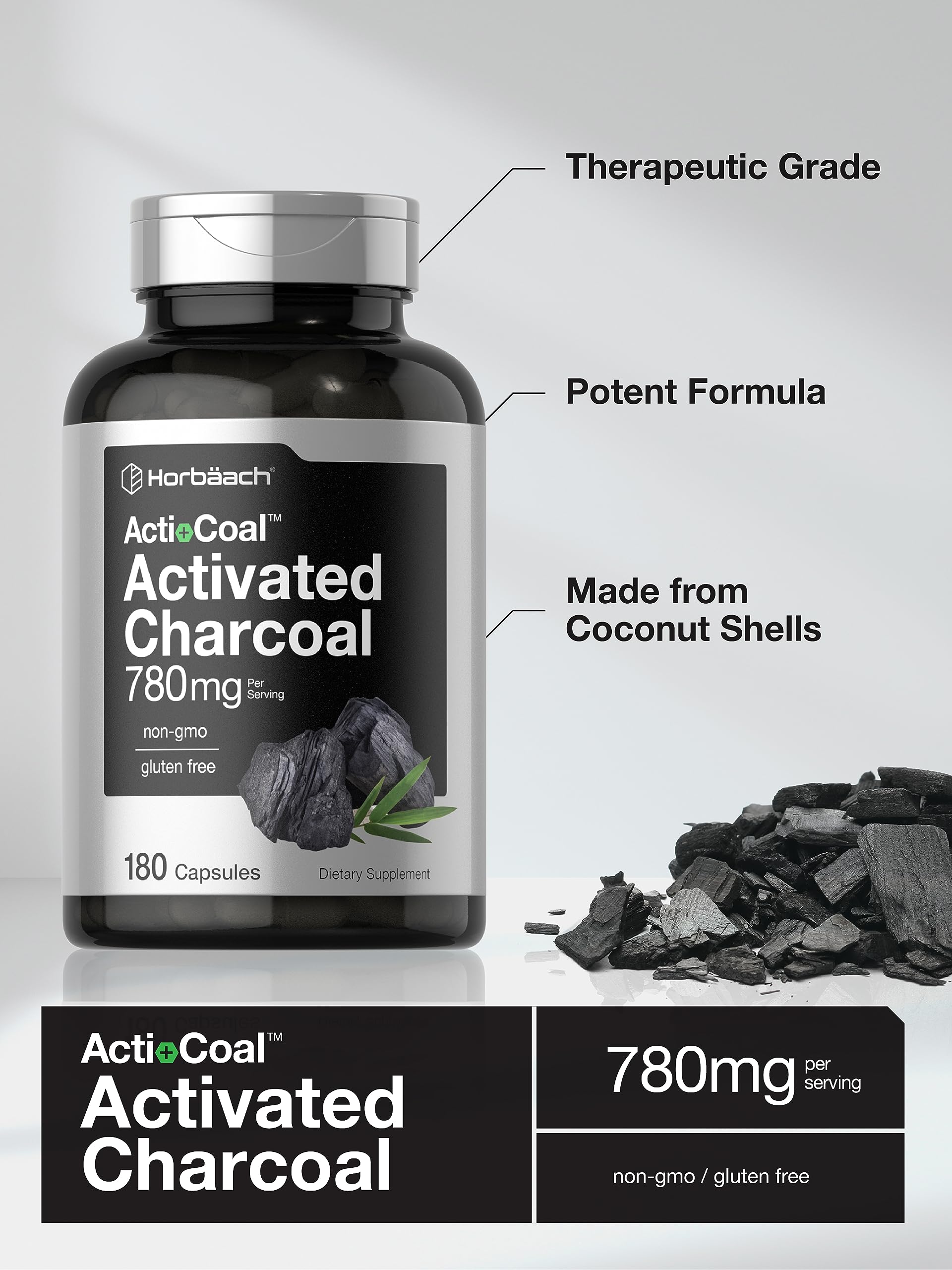 Charcoal Pills 780mg | 180 Capsules | Activated Charcoal from Coconut Shells | Non-GMO Horbäach