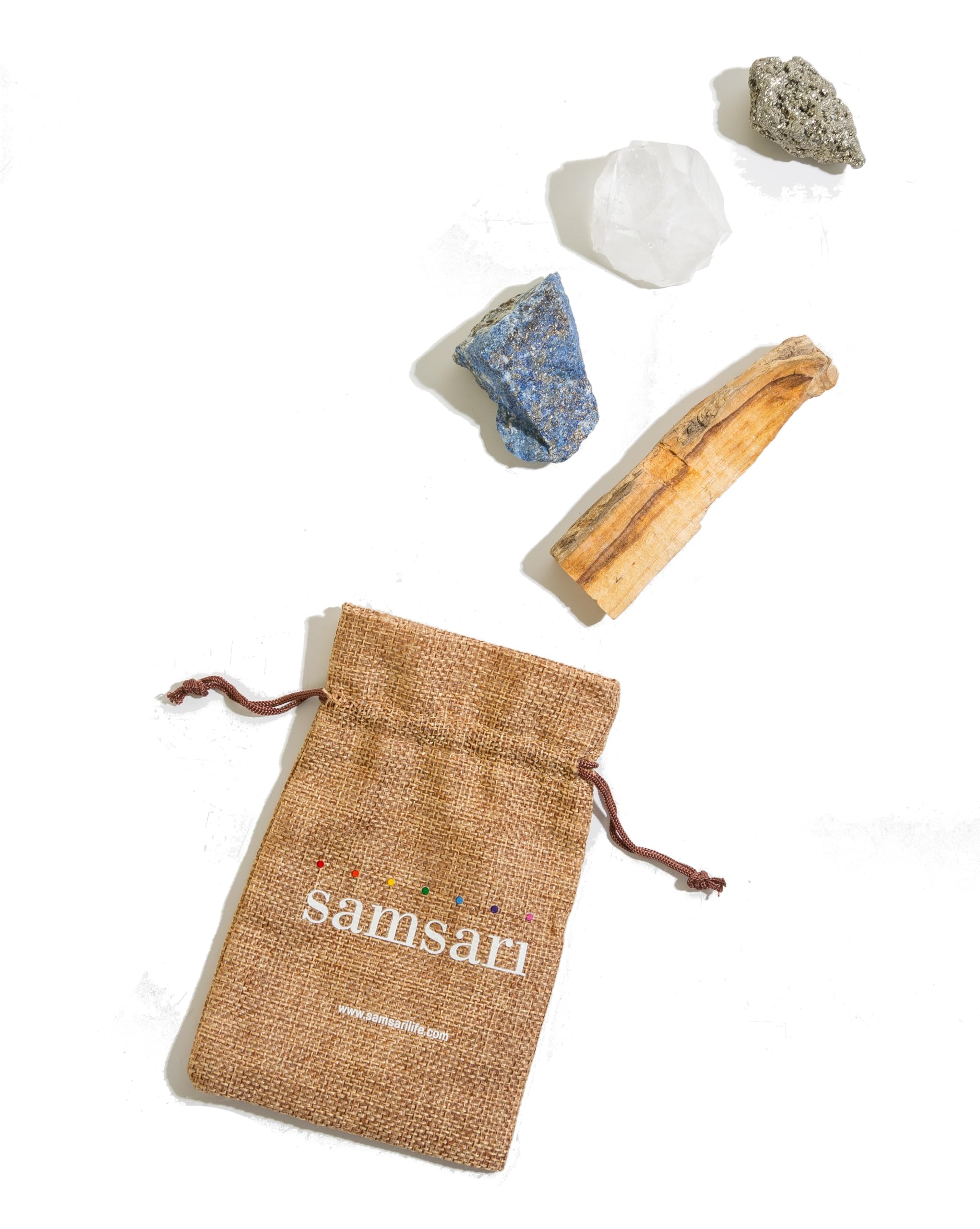 5PCS SAMSARI Abundance XL Crystals Healing Set - (Pyrite, Lapis Lazuli, Clear Quartz), 1 Palo Santo Stick SAMSARI
