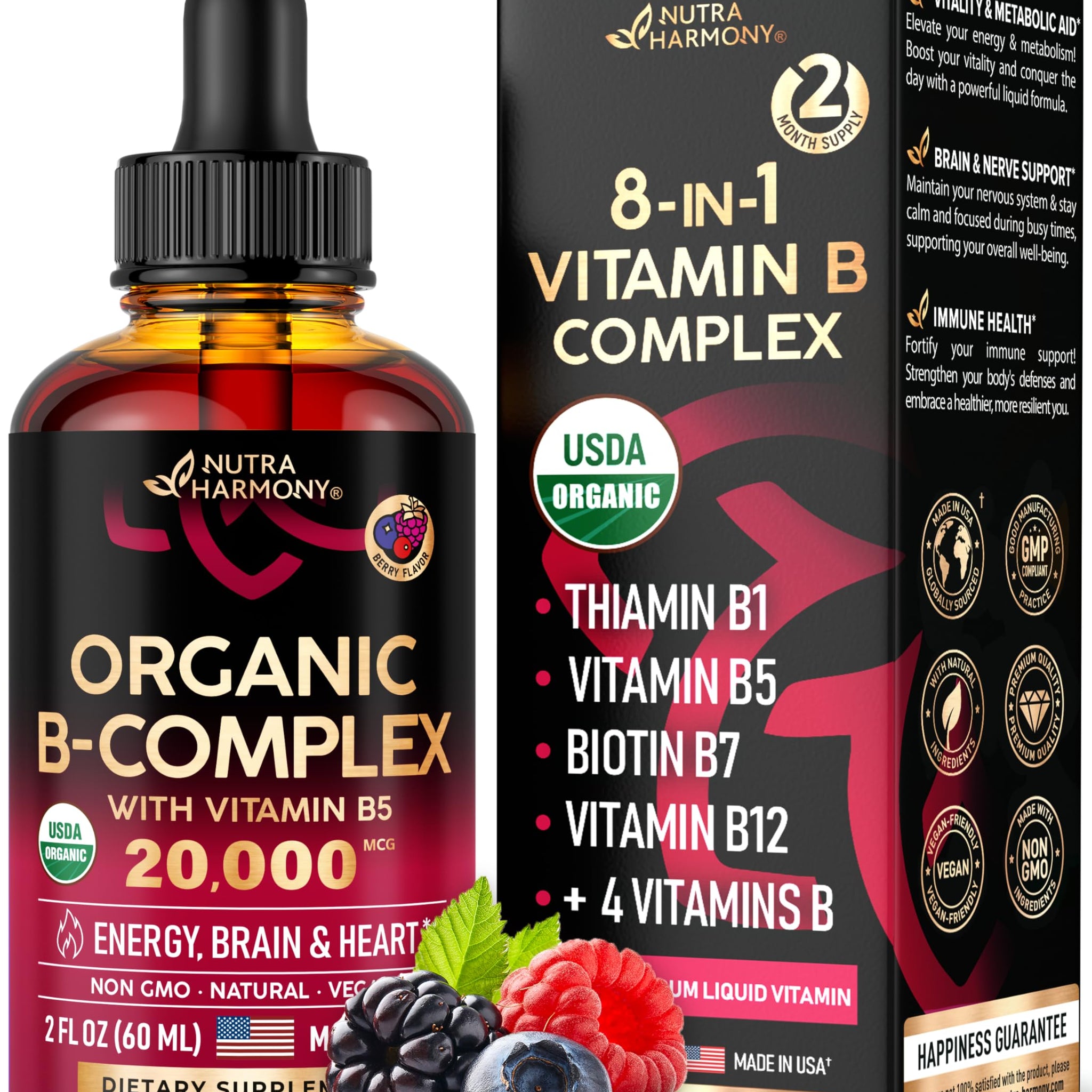 USDA Organic Vitamin B Complex Liquid Drops - 8-in-1 B Complex Vitamins: B1, B2, B3, B5