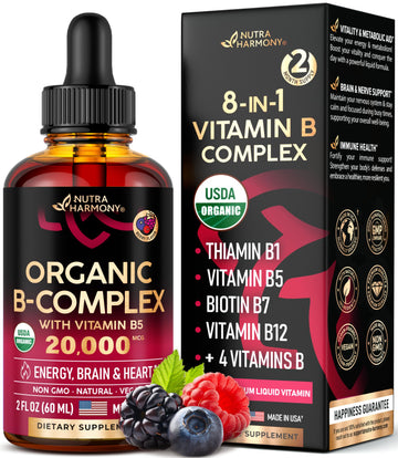 USDA Organic Vitamin B Complex Liquid Drops - 8-in-1 B Complex Vitamins: B1, B2, B3, B5