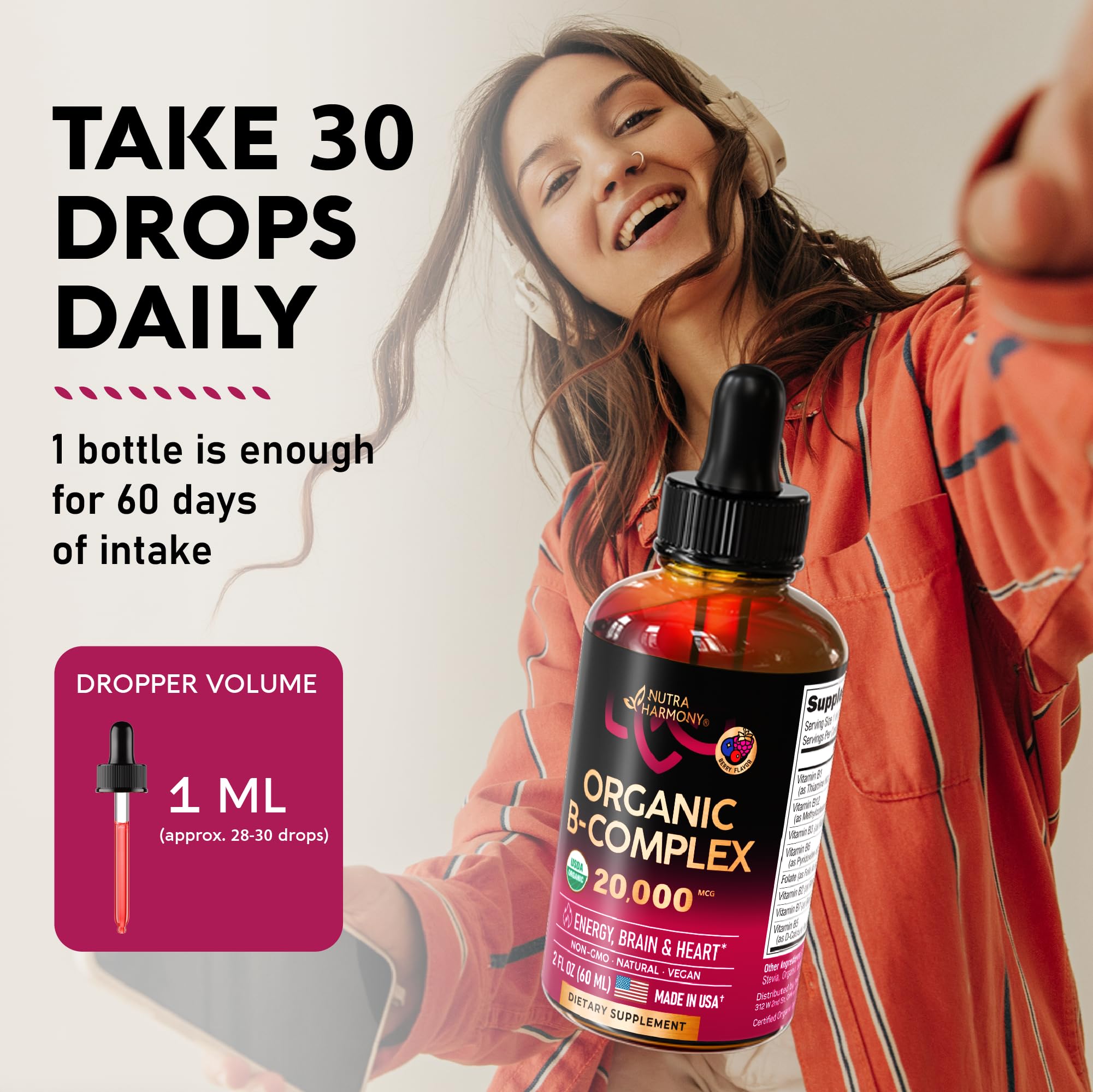 USDA Organic Vitamin B Complex Liquid Drops - 8-in-1 B Complex Vitamins: B1, B2, B3, B5 NUTRAHARMONY