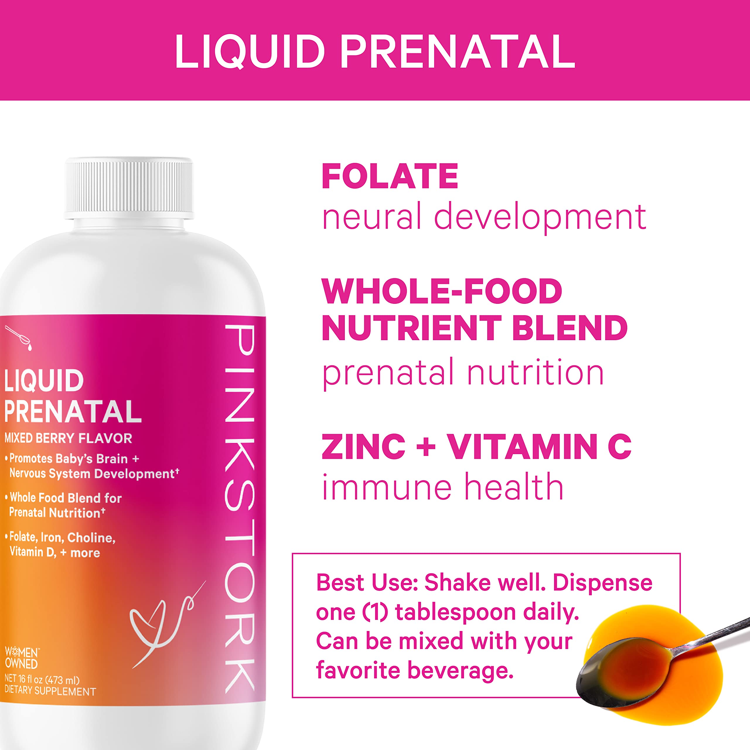 Pink Stork Liquid Prenatal Vitamin Bundle: Liquid Prenatal Vitamin with DHA and Folic Acid + Pro + DHA Pink Stork