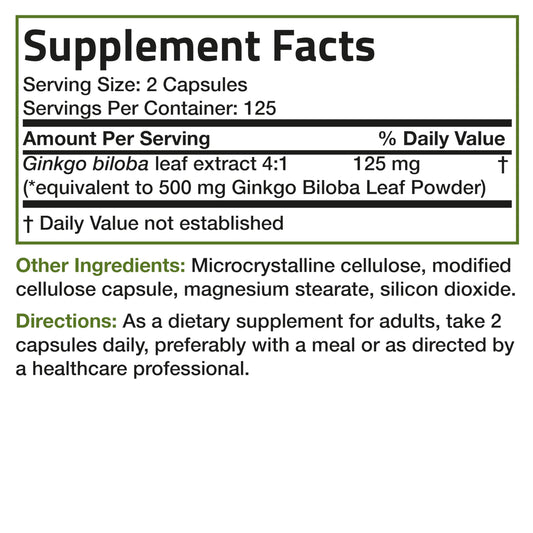 Bronson Ginkgo Biloba Extra Strength 125mg (4:1 Extract) Equivalent to 500mg