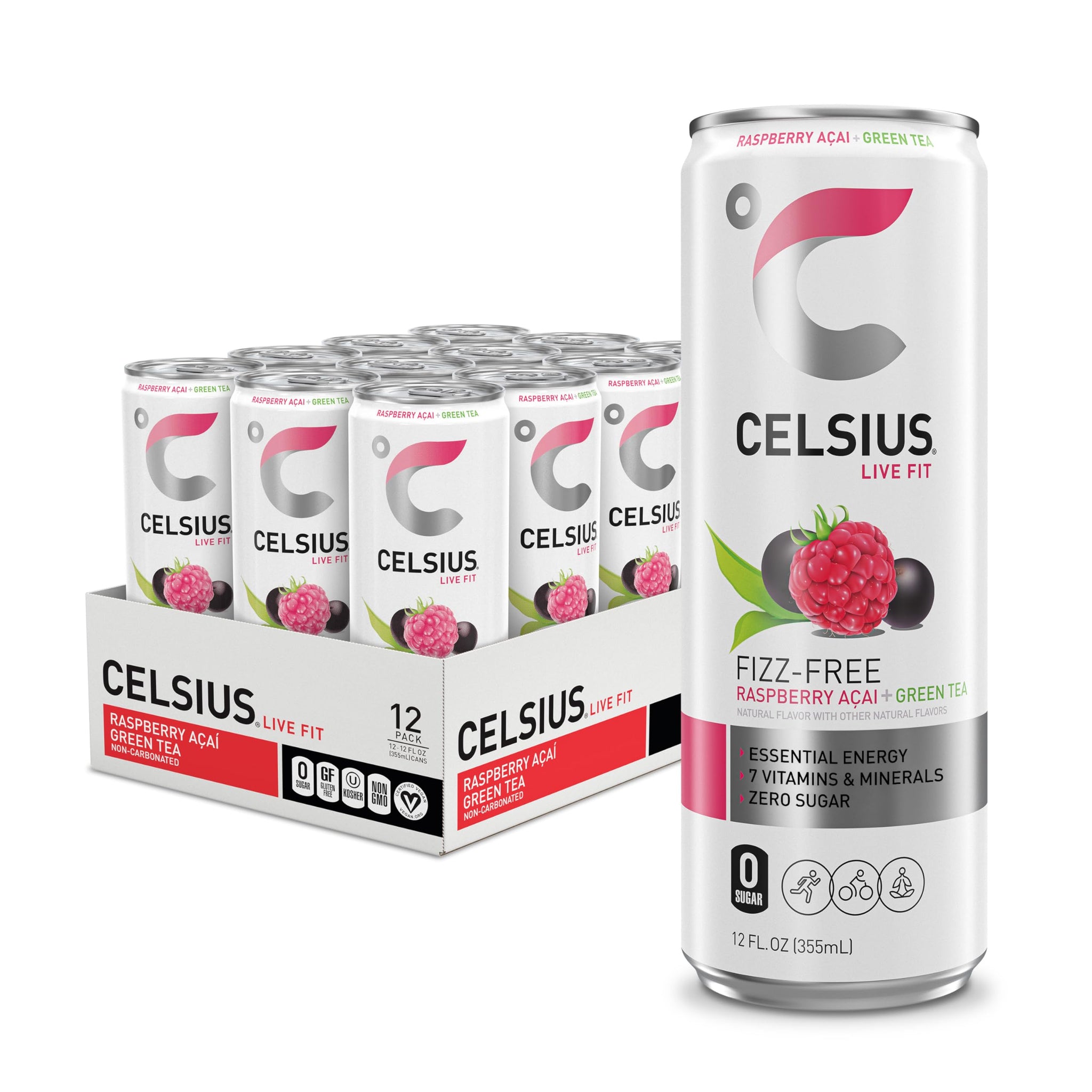 CELSIUS Raspberry Acai Green Tea, Functional Essential Energy Drink 12 Fl Oz (Pack of 12) Packaging may vary
