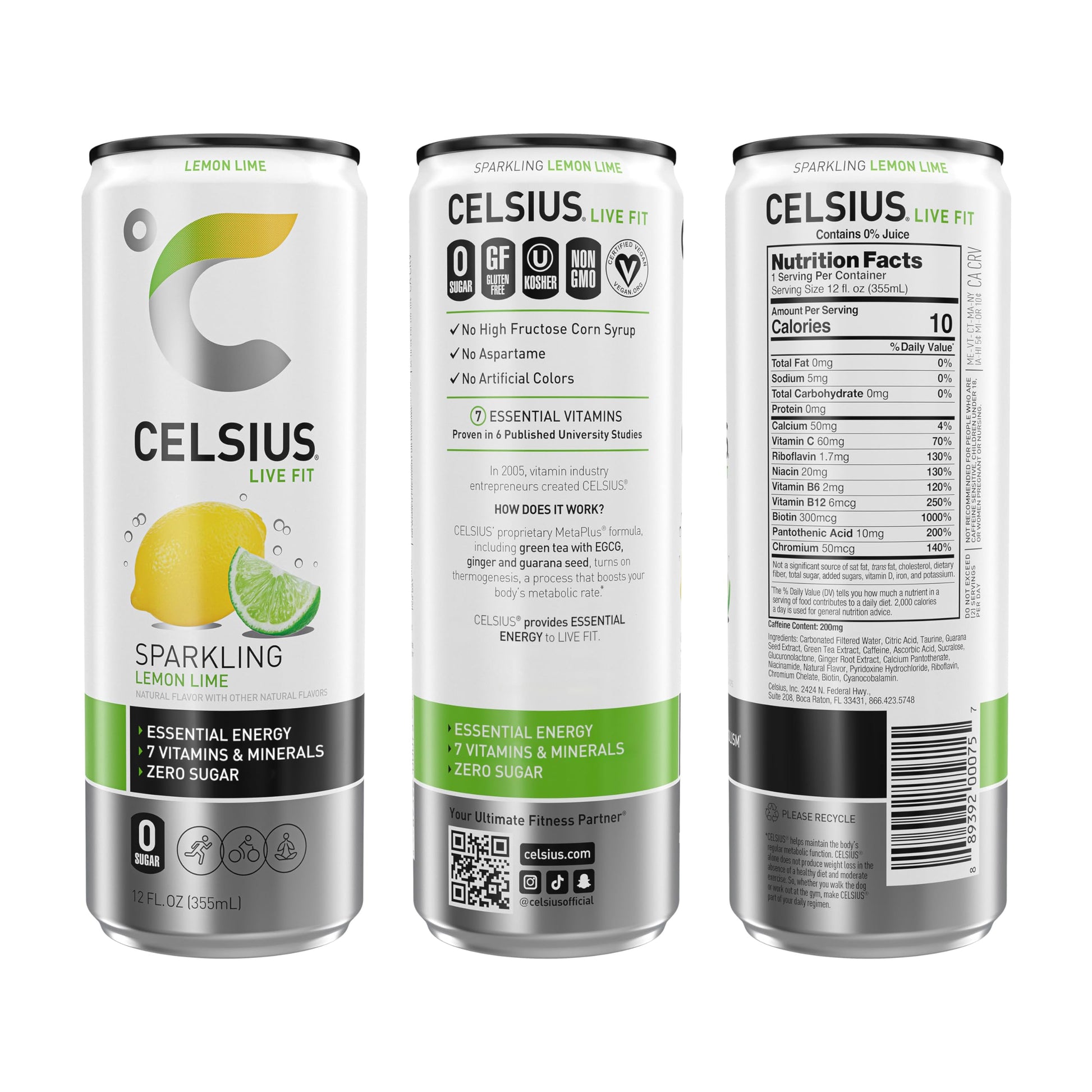 CELSIUS Sparkling Lemon Lime, Functional Essential Energy Drink, 12 Fl Oz (Pack of 12) CELSIUS