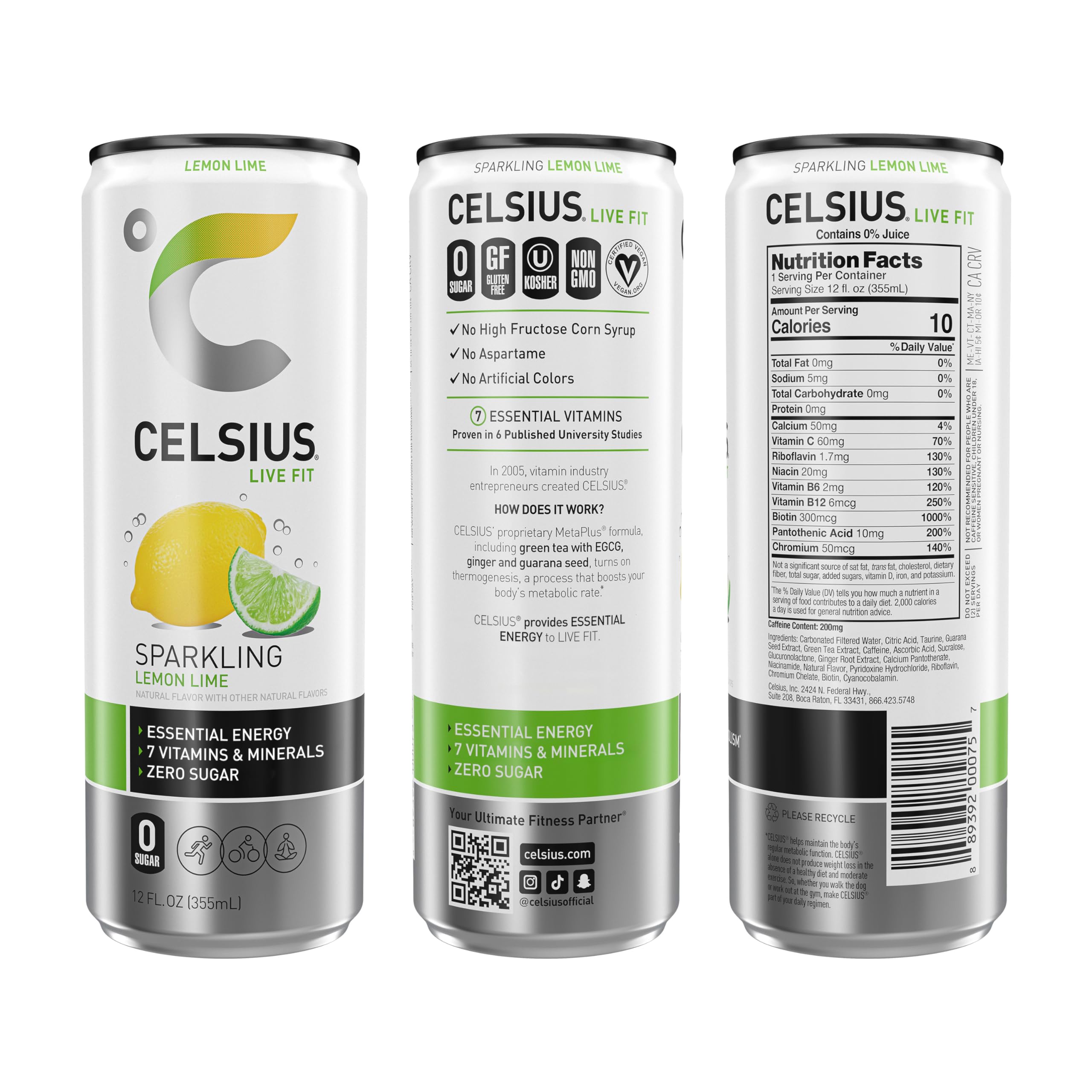 CELSIUS Sparkling Lemon Lime, Functional Essential Energy Drink, 12 Fl Oz (Pack of 12) CELSIUS