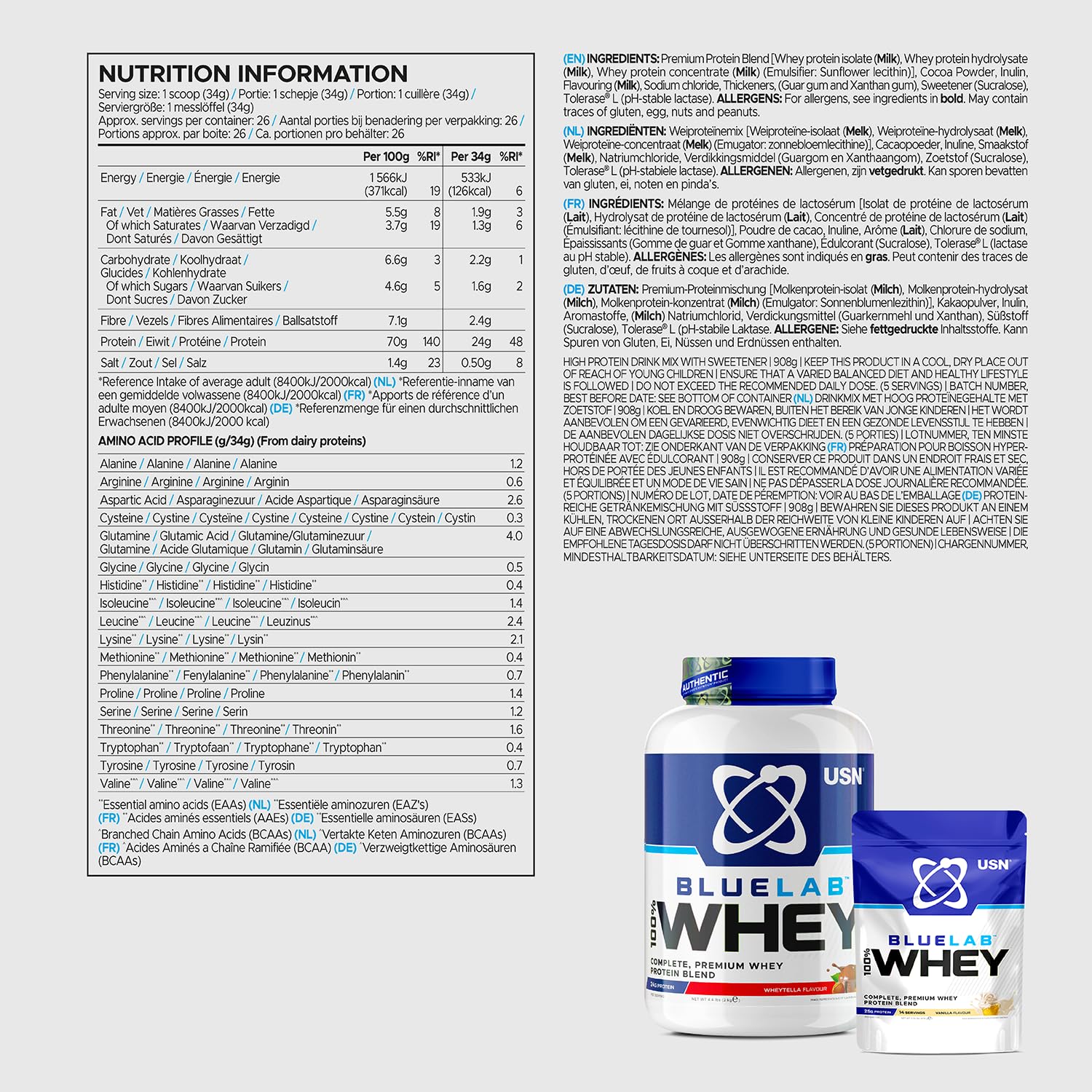 USN Blue Lab Whey Protein Powder: Wheytella - Whey Protein 908g - Post-Workout USN