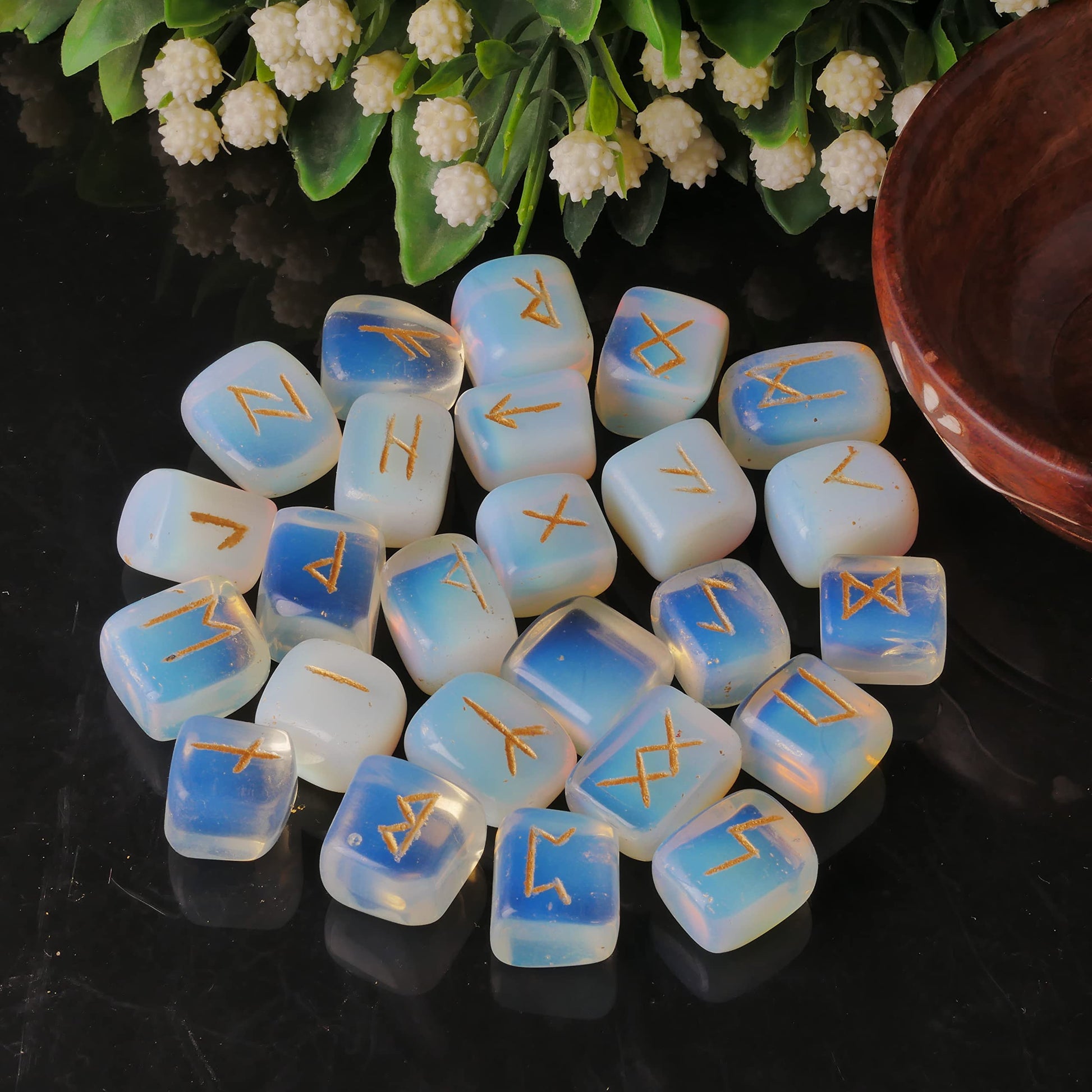 Opalite Rune Stone - Rune Set - Engraved Elder Futhark Alphabet Symbols - Witchcraft Crystals QUIPSA
