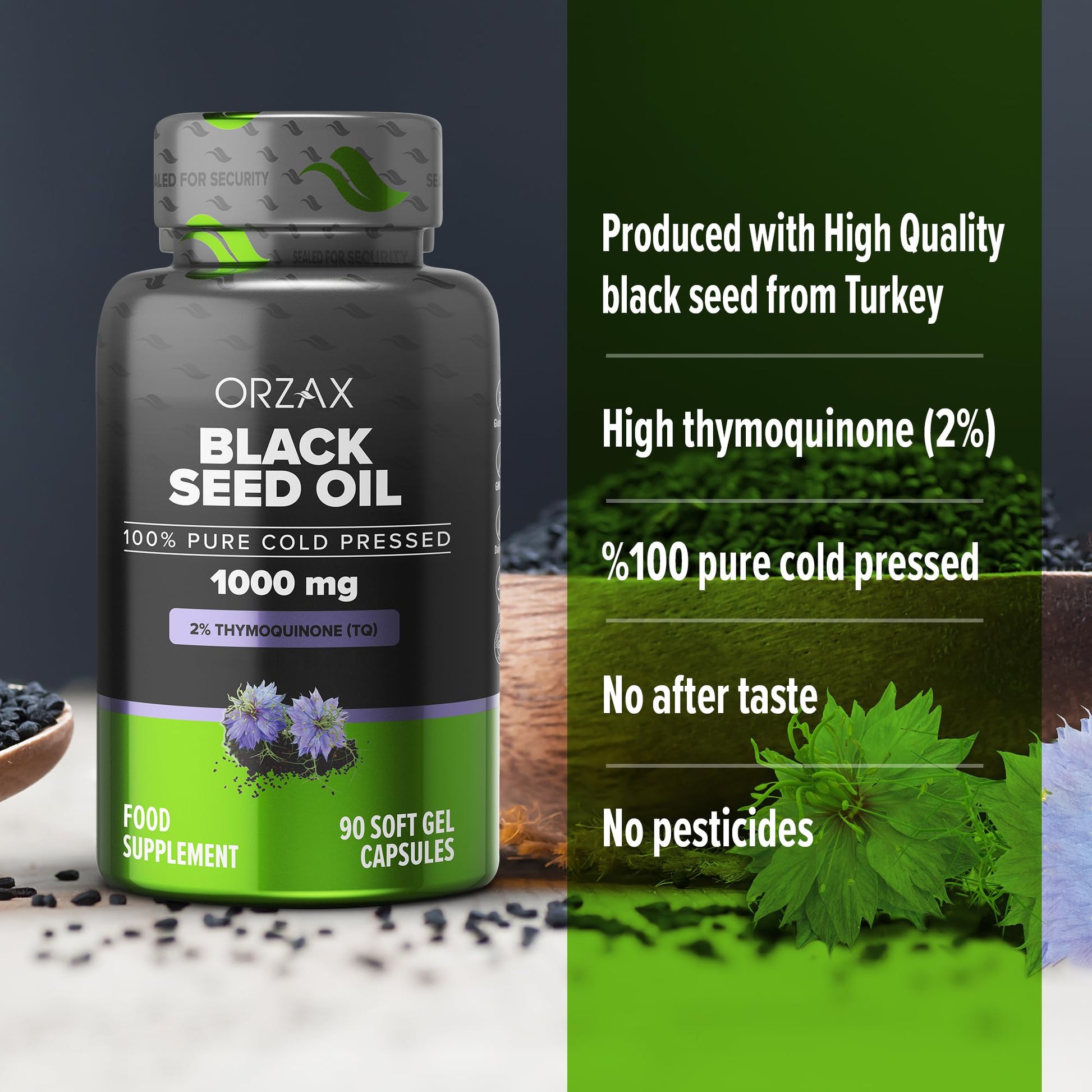 ORZAX Black Seed Oil Organic Cold Pressed Capsules with 2% Thymoquinone ORZAX