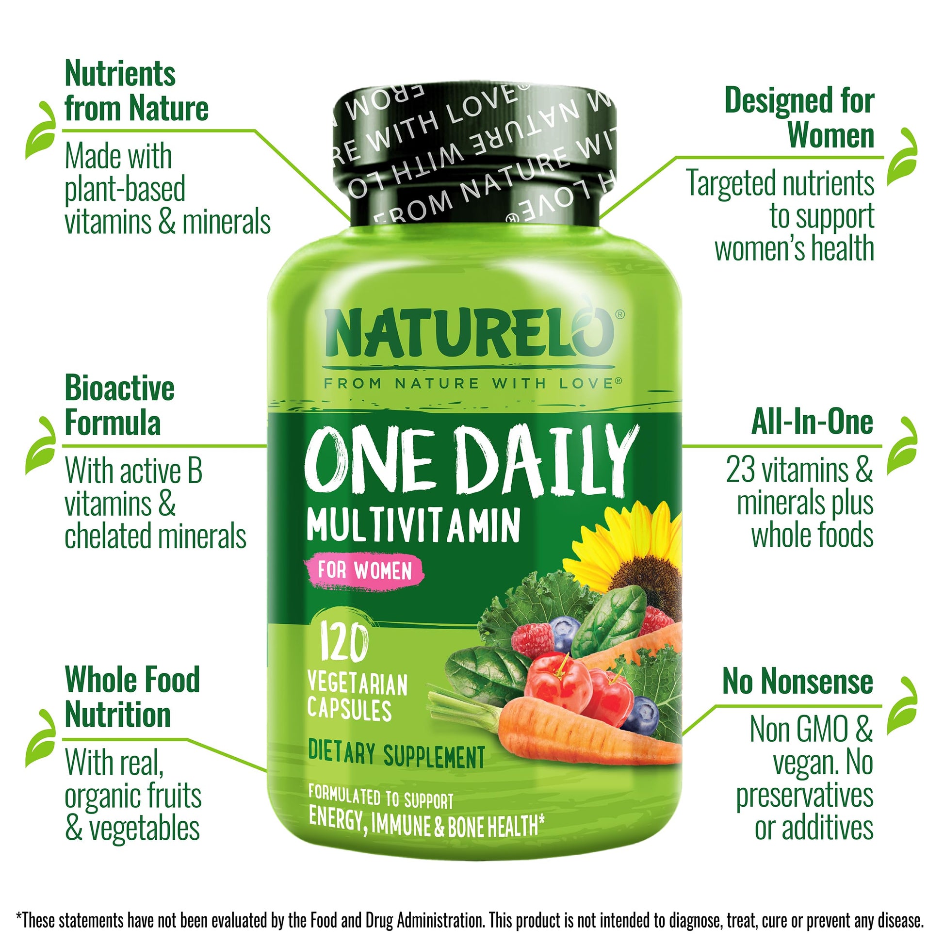 NATURELO One Daily Multivitamin for Women - Energy Support - Whole Food Supplement NATURELO