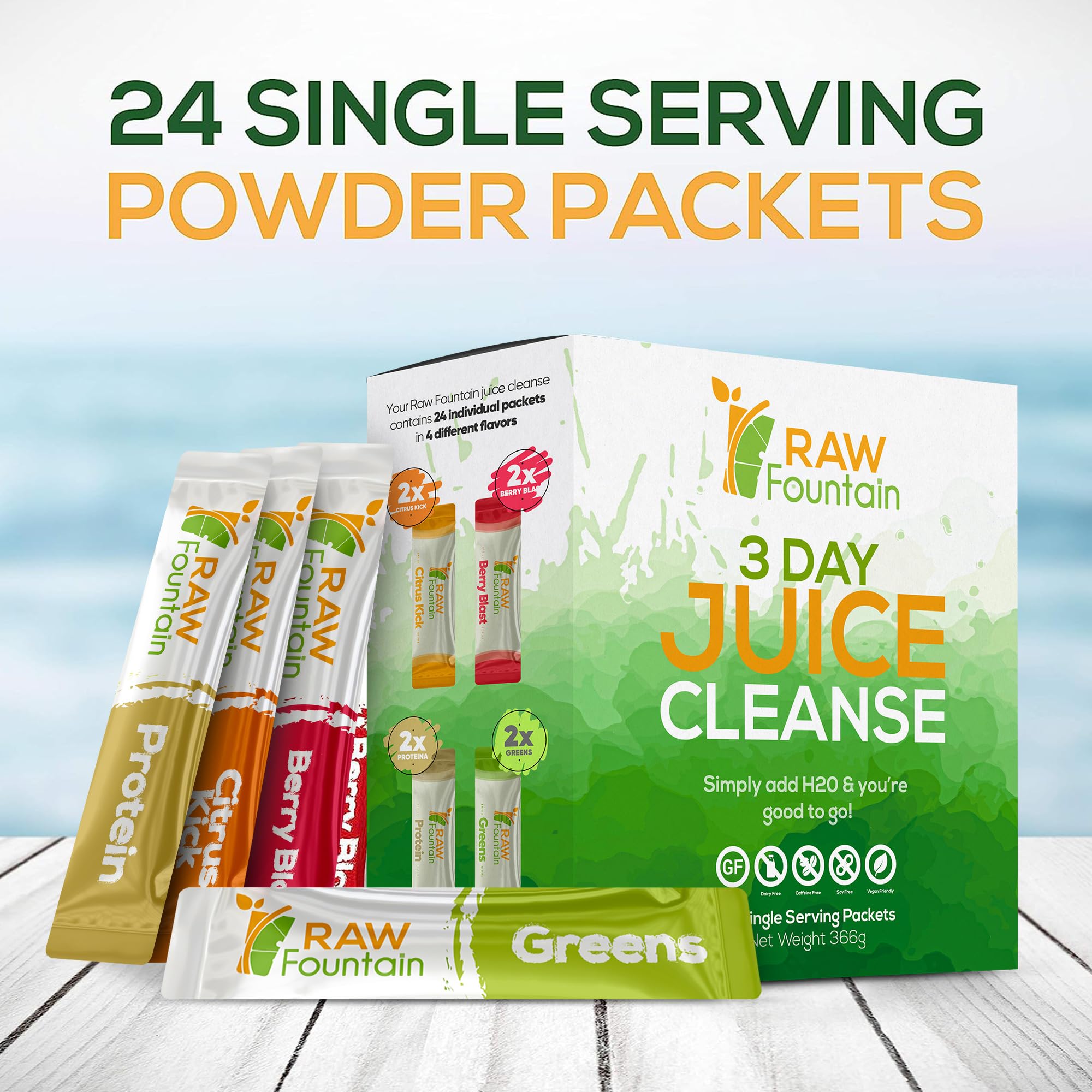 Raw Fountain 3 Day Juice Cleanse Detox, Weight Management Program, 24 Powder Packets Raw Fountain