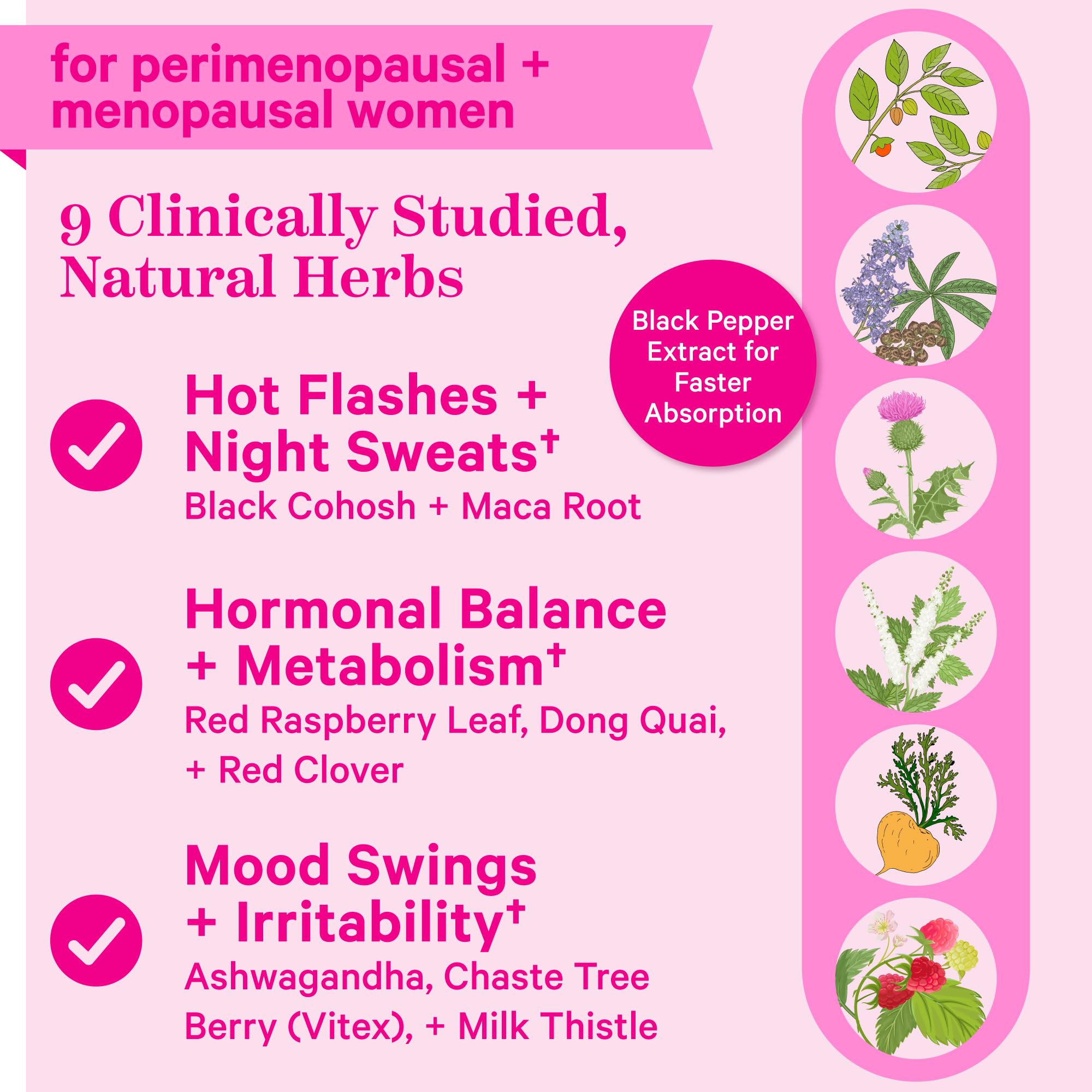 Pink Stork Menopause Supplements for Women - 9 Clinically-Studied Herbs for Perimenopause Pink Stork