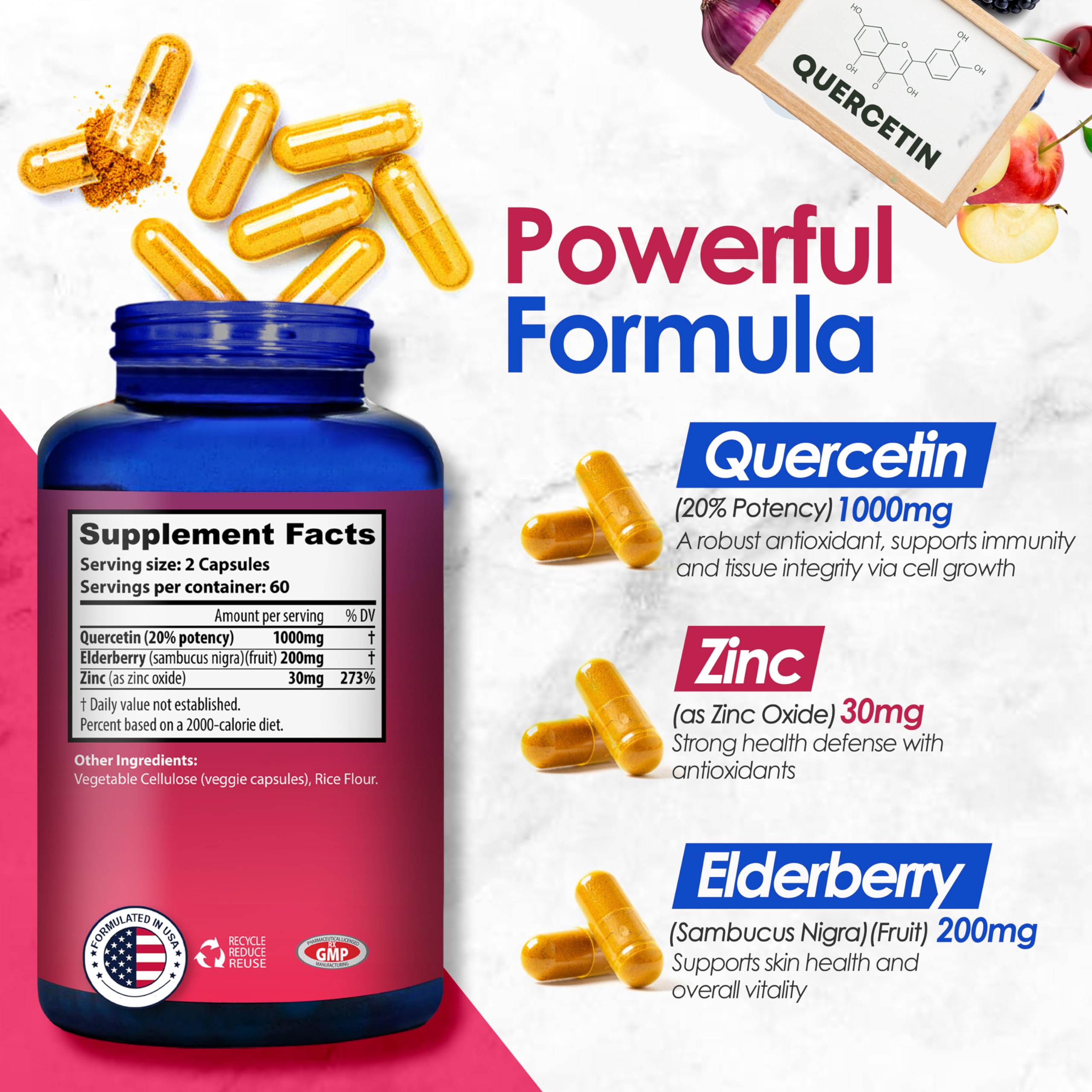 Nutradora Quercetin 1000mg Per Serving Veggie Capsules, Non-GMO