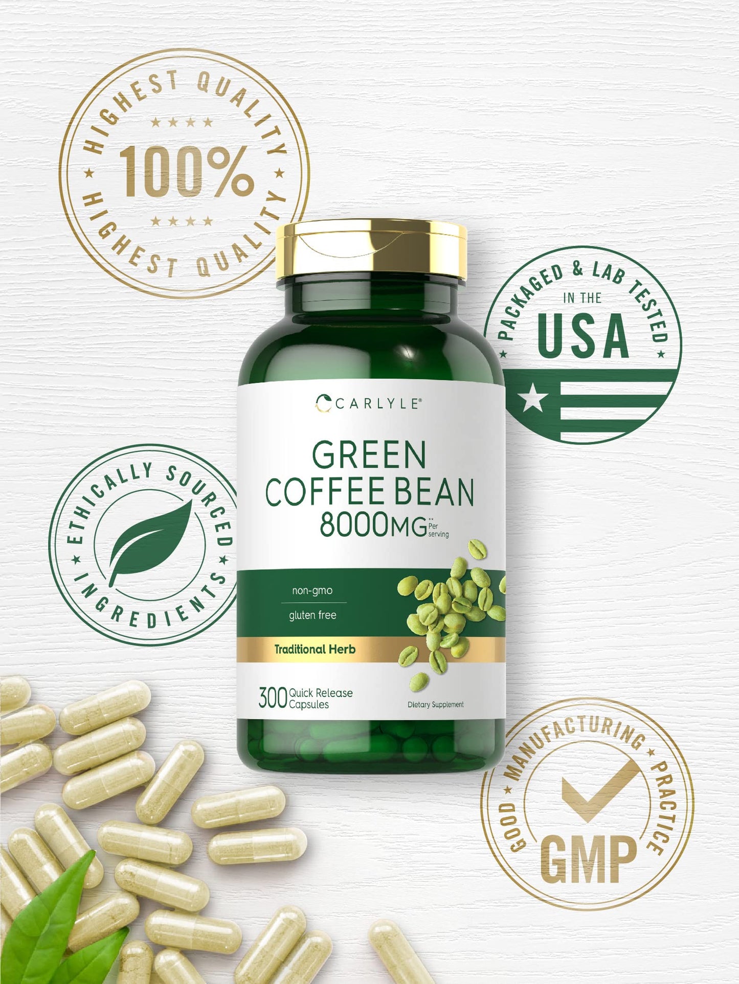 Carlyle Green Coffee Bean Extract | 8000 mg | 300 Capsules | Non-GMO and Gluten Free