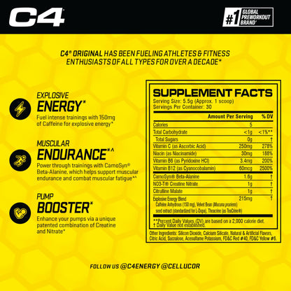 Cellucor C4 Original Pre Workout Powder Strawberry Watermelon Ice Sugar Free Preworkou